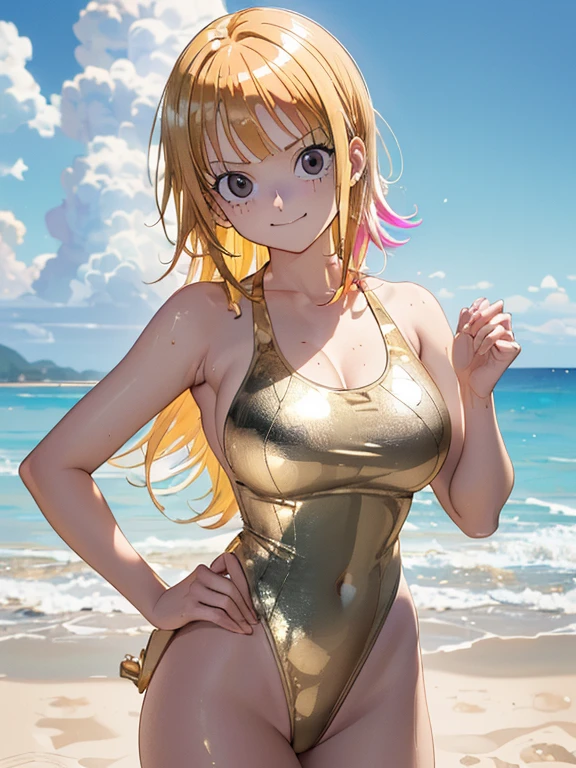 ((masterpiece, high quality, high resolution, absurd, super detailed, High saturation、8k)),real,cowboy shot,(gold one piece swimsuit:1.5),(colorful fluorescence multicolored hair:1.2),(1girl),(stand:1.5),large breasts:1.2,forehead,forced smile,cute face、beautiful eyes、fluorescent hair, (on the beach)、
