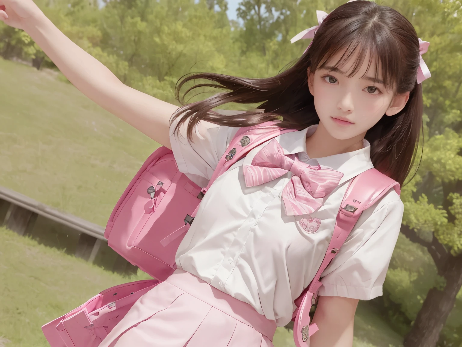 (8K, highest quality, masterpiece:1.2), realistic, ultra high resolution, intricate details,
1 girl,beautiful face, jk suit,white shirt,small breasts,pink ribbon, bow tie,pink skirt, wearing school bag backpack, Side view, (school bag backpack:1.0)