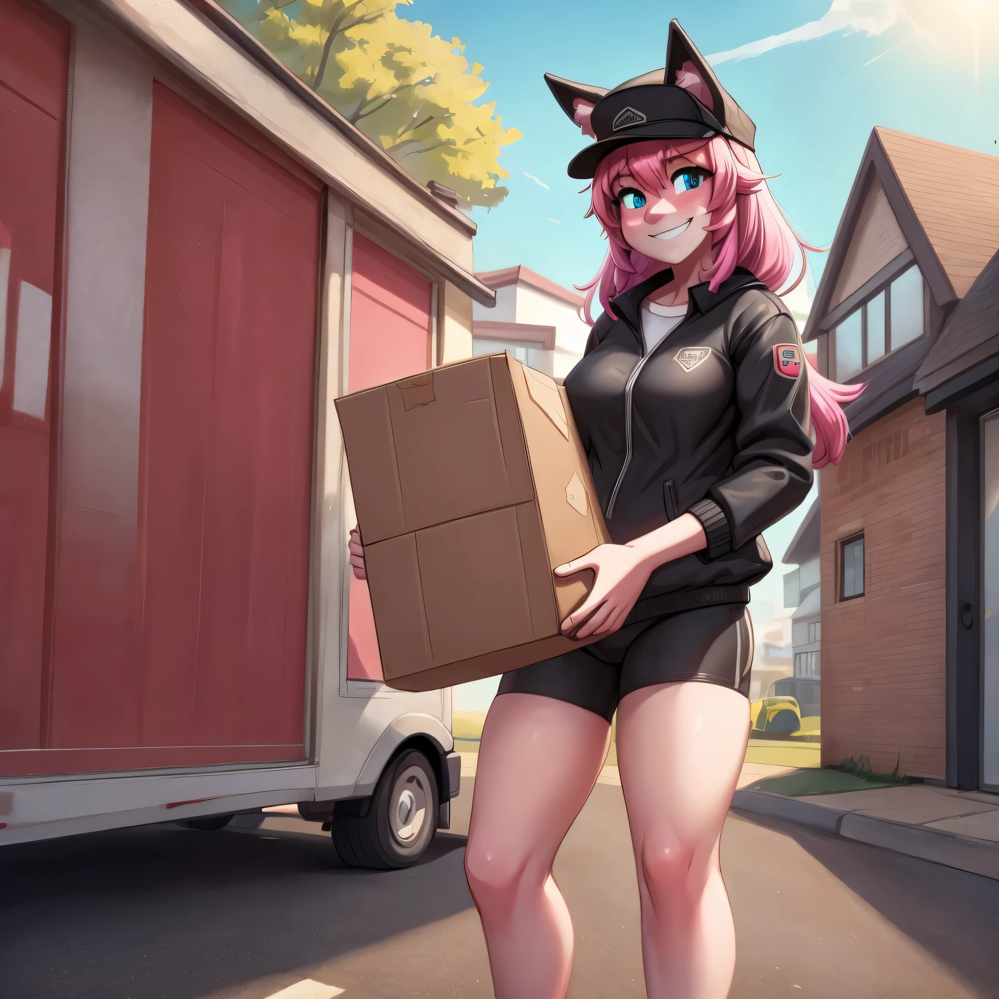 (Masterpiece) (High Detail) (High Res) A landscape view of a suburb with a A short cute humanoid girl with pale skin and turquoise eyes and long pink hair and pink dog ears and a big fluffy pink dog tail and average breasts. She is dressed as a Delivery driver and is wearing a black cap and black jacket and black shorts and is carrying a cardboard box parcel. She is stood alone in front of a small van and is in the suburbs. She is shyly smiling.