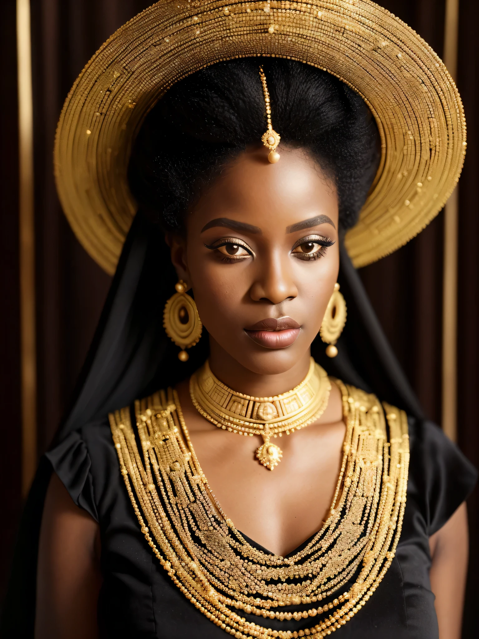 A black woman seated on a throne dressed in gold