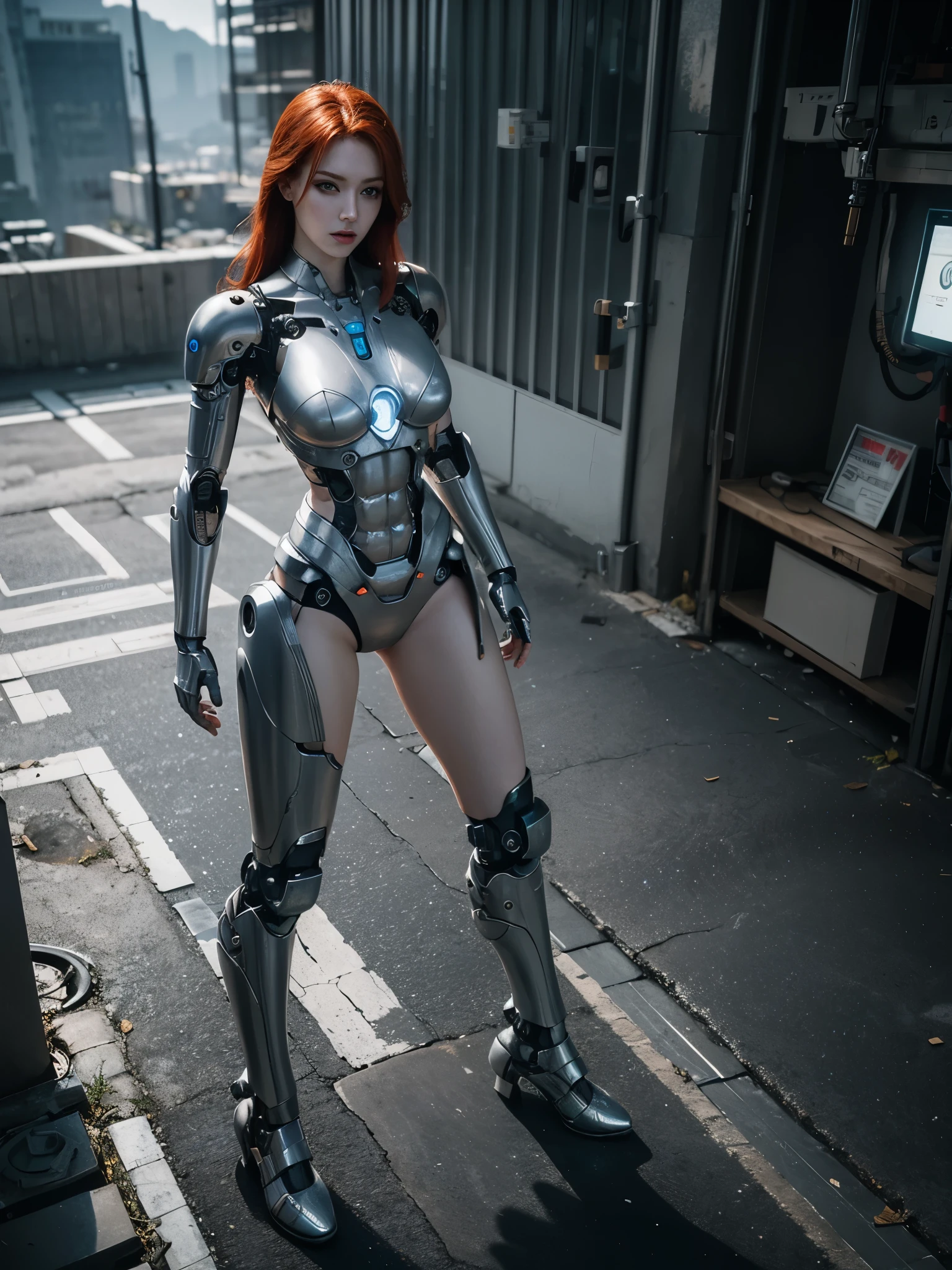 arafed a cyborg woman, standing, detail realistic, porcelain skin, very pale skin, very beautiful, redhead woman, future robot woman, many mechanical body organs, hands and legs are cyborg, mystical post apocalyptic cyborg, dystopian sci-fi cyborg woman, machine body, SFW