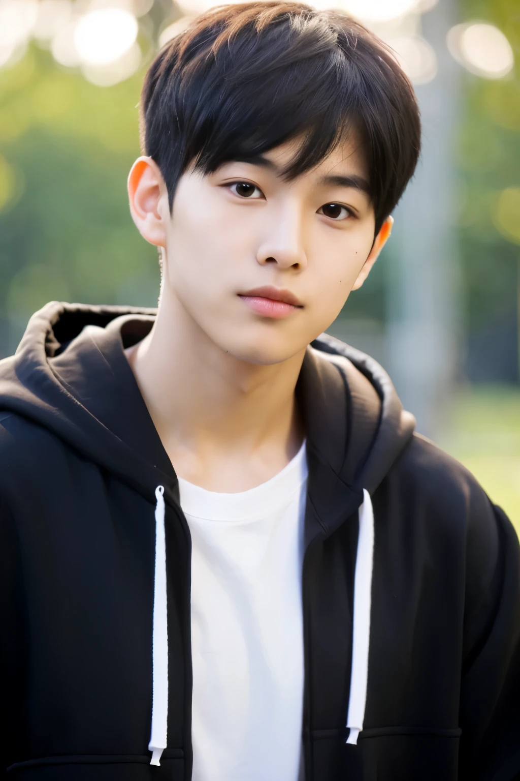 a young man wearing a black hoodie, in the park, look like korean young man, fair skin, clean, no mustache or beard, black eyes, sharp nose, his hair is like a korean idol, a handsome young man, a young man with perfect face, realistic, ultra detail