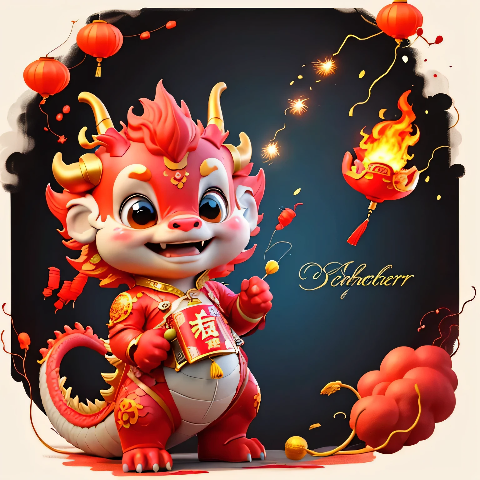 Chinese dragon,The background is casual,Delicate picture quality,HD,The expression smiled,baby fire dragon,holding firecrackers