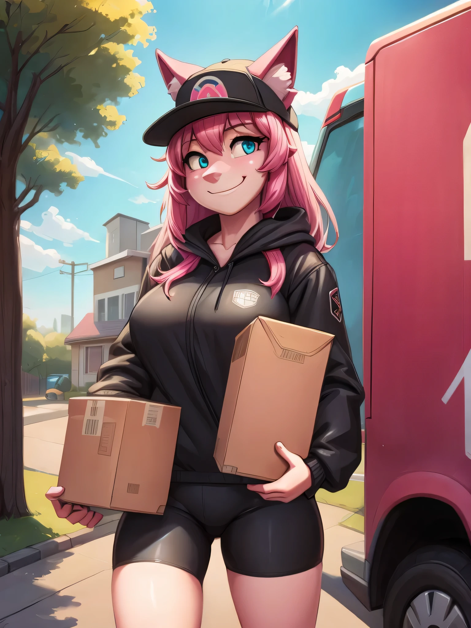 (Masterpiece) (High Detail) (High Res) A landscape view of a suburb with a A short cute humanoid girl with pale skin and turquoise eyes and long pink hair and pink dog ears and a big fluffy pink dog tail and average breasts. She is dressed as a Delivery driver and is wearing a black cap and black jacket and black shorts and is carrying a cardboard box parcel. She is stood alone in front of a small van and is in the suburbs. She is shyly smiling.