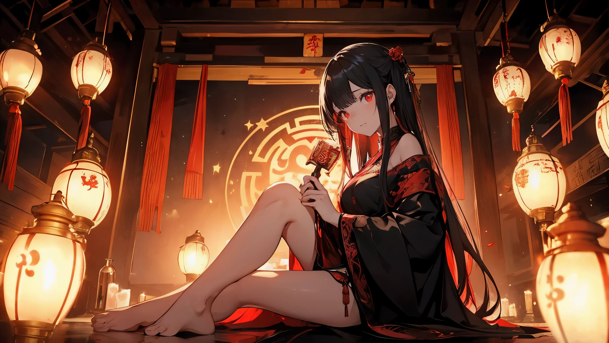 night，Beautiful young woman with long black hair，Red pupils，blood stained hair，Wearing a red wedding dress，Sitting alone in the Taoist temple，barefoot，Holding a golden hairpin in hand，dilapidated Taoist temple，There are bright lights in the distance，Dark night，A sky full of stars