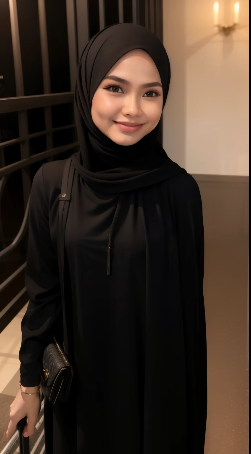 Sexy Malay age woman wearing black hijab and sleeveless dress posing with her armpits
