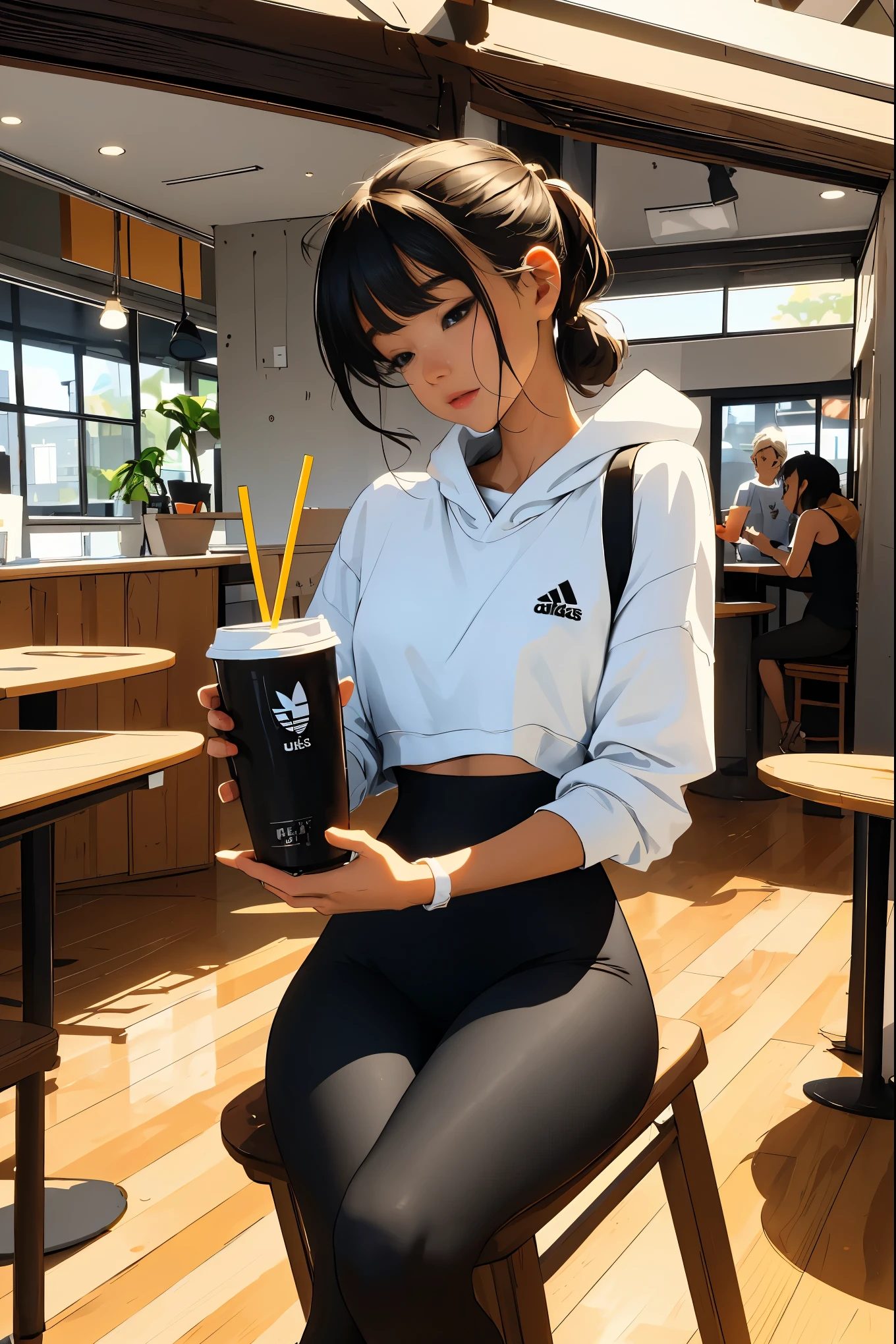there is a woman standing at a counter out coffee shop, small hipster coffee shop, cafe interior, mysterious coffee shop에서 커피를 주문하는 girl, outside the counter, coffee shop, coffee shop, enjoying coffee at a coffee shop, nostalgic vibes, cafe ,Woman wearing tight black leggings and neon white bra top, Two-piece tracksuit, be good at sports ,On the right is the Adidas logo.,vivid colors, soft focus, Light leakage, dreamy atmosphere, experimental charm, Retro charm break color field painting, A variety of colors, abstract expressionism, bold hues, emotional impact, atmospheric depth, Minimalist approach BREAK, Beautiful woman, UHD (ultra detail) viewers who see it.., another, fancy, long, 갈색으로 염색한 머리를 뒤로 하나로 묶은 long 머리 🌈, leggings clothing, White stardust in dark areas, absurd, high resolution, very detailed, (1 woman : ), vivid colors, soft focus, Light leakage, dreamy atmosphere, information