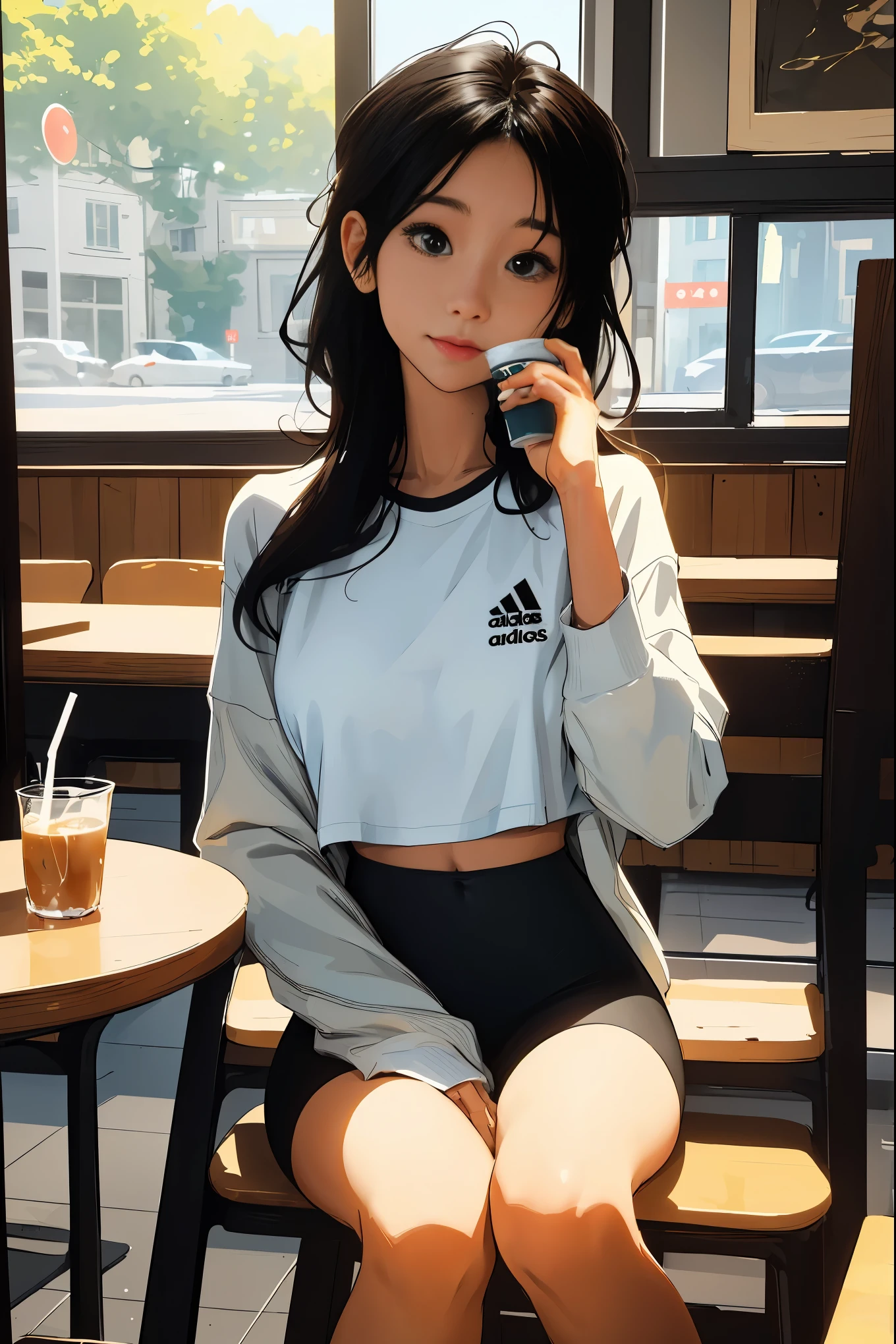 Anime girl sitting on chair drinking drink in cafe, Realistic Cute Girl Illustration, anime girl drinks energy drink, with a drink, Beautiful painting style, realistic art style, Realistic animation art style, holding a drink, Realistic anime art style, long 머리를 가진 일리아 쿠브시노프, in anime style, mysterious coffee shop girl(masterpiece:1.4), (best quality:1.4),front,Woman wearing tight black leggings and white bra top, Two-piece tracksuit, white sports bra ,Adidas logo on the right,vivid colors, soft focus, Light leakage, dreamy atmosphere, experimental charm, Retro charm break color field painting, A variety of colors, abstract expressionism, bold hues, emotional impact, atmospheric depth, Minimalist approach BREAK, beautiful woman, UHD (ultra detail) viewers who see it.., another, fancy, long, 갈색으로 염색한 머리를 뒤로 하나로 묶은 long 머리 🌈, leggings clothing, White stardust in dark areas, absurd, high resolution, very detailed, (1 woman : ), vivid colors, soft focus, Light leakage,