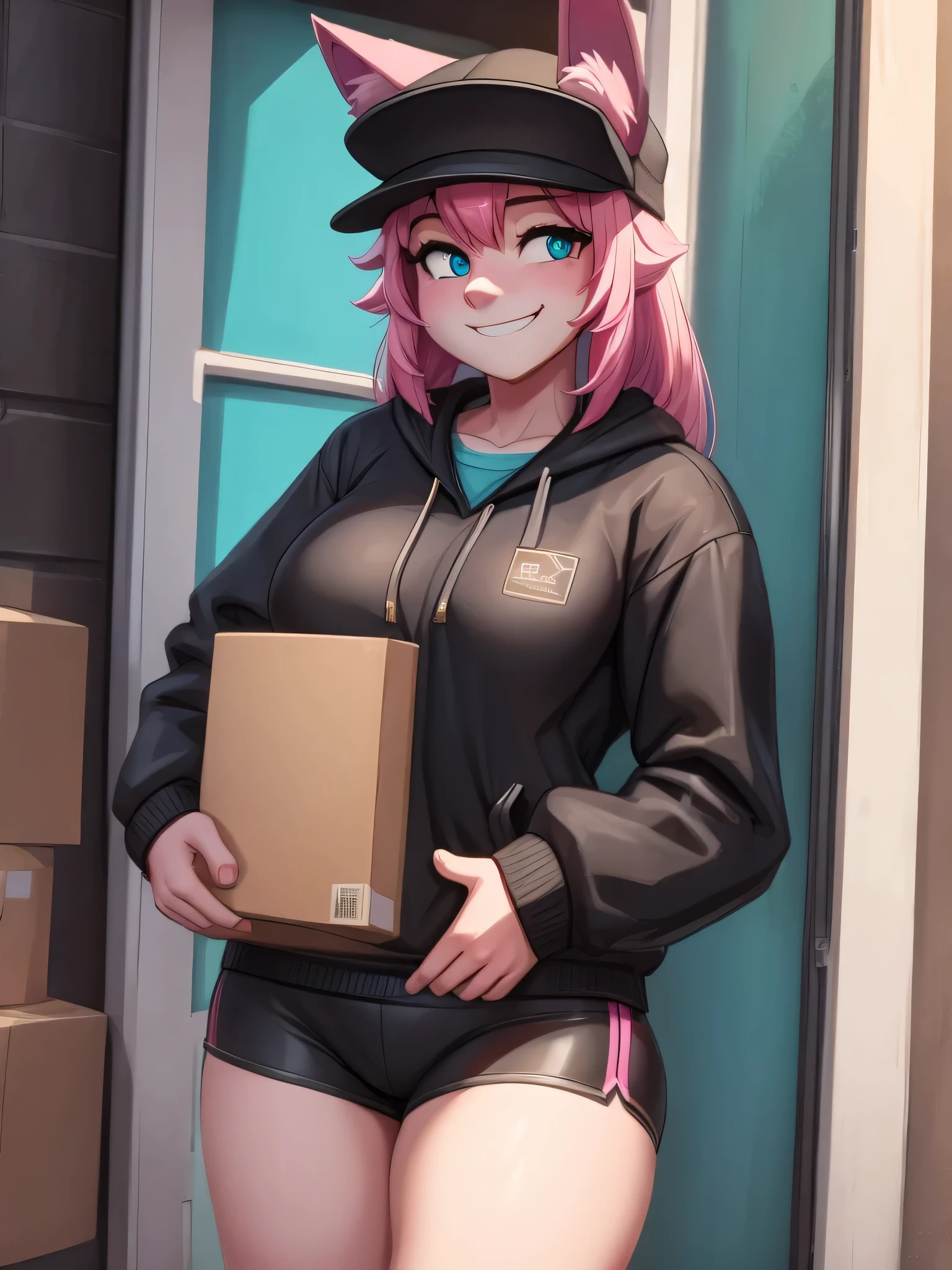 (Masterpiece) (High Detail) (High Res) A landscape view of a suburb with a A short cute humanoid girl with pale skin and turquoise eyes and long pink hair and pink dog ears and a big fluffy pink dog tail and average breasts. She is dressed as a Delivery driver and is wearing a black cap and black jacket and black shorts and is carrying a cardboard box parcel. She is stood alone in front of a small van and is in the suburbs. She is shyly smiling.