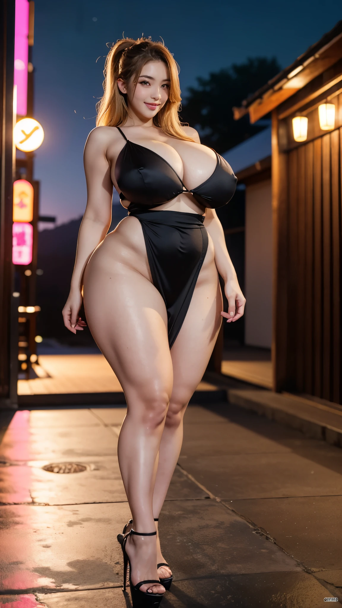 high quality,8K,high resolution,japanese woman,1 personality,tall,thick plump thighs,realistic texture,Muchimuchi,cute smile,large drooping udder,zoomout,(Valley 1.8),thin waist,muscular body,whole body,blonde,(dress1.5),high heels,party venue,night club,,