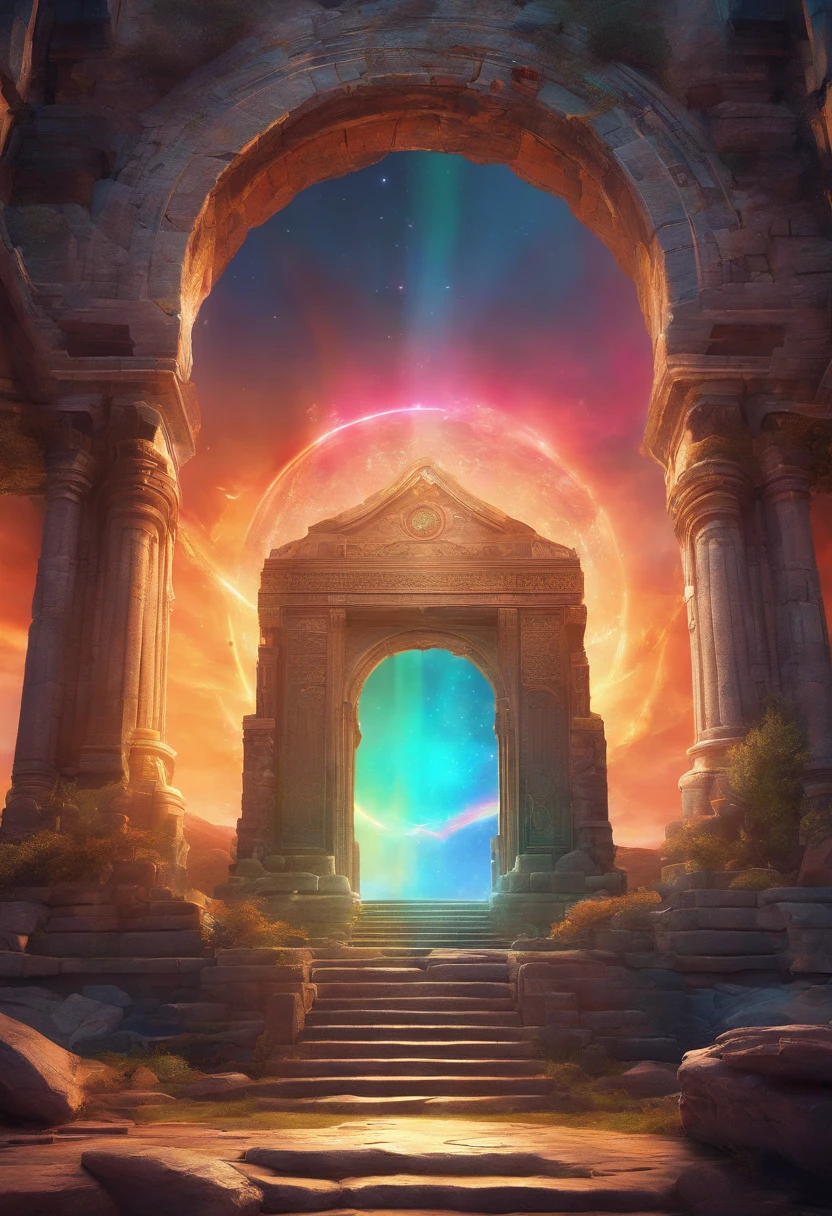 A door placed above the altar of a ruined ancient ruin., huge circular dome, The dome is decorated with runes, ((A translucent neon door at the very back)), ((A rainbow-colored door that brings together the technologies of ancient civilizations)), highly detailed digital art, Stunning artwork in 8k, 8K high definition concept art, fantasy art, (wide-angle shot), (highest quality), (masterpiece)), realistic, Fantastic, Mysterious