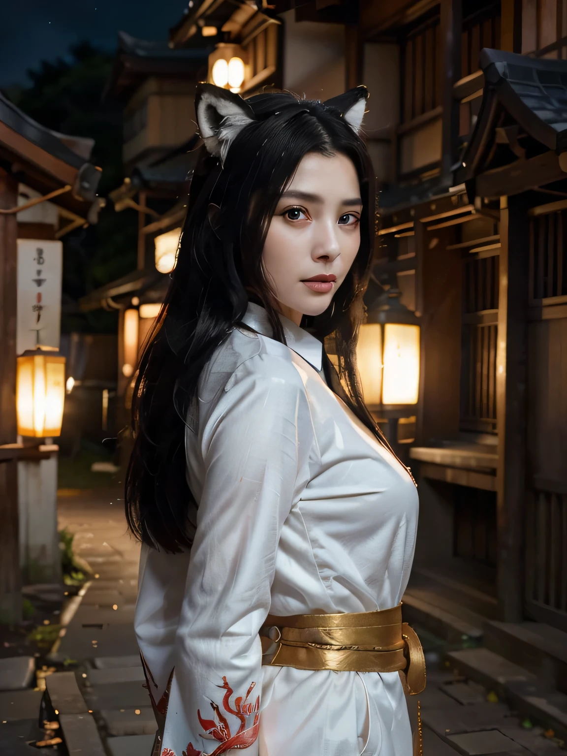 Ultra-realistic capture, Highly detailed, High resolution 16k close-up of human skin, Skin texture must be natural, Detailed enough to finely identify pores, Skin should look healthy, In a uniform tone, Use natural light and color, ahri, ahri_(lize_In the_legends), 1girl in, absurderes, animal_Ears, Black_hair, Detached_sleeves, Distri, facials_marks, Fox_Ears, Fox_tail, hight resolution, lize_In the_legends, long_hair, Snow Suit, Magic, multiple_tailed, white_tailed, orange_Eyes, parted_Lips, Solo, Standing, tail, full_Body, appearance々Take Japan's Yokai with you, The scene of walking along the path of Japan leading to the underworld, ((The Spectacle of the Hundred Demons Night Journey)) sexy