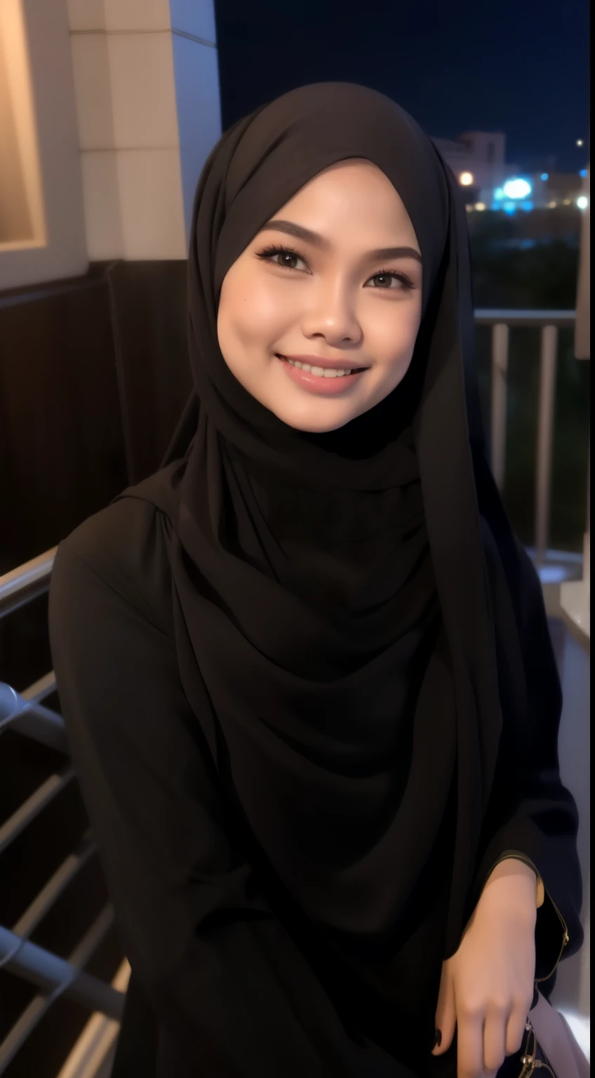 Malay girl in hijab wear small floral black baju kurung malaysia in college, wear back pack, front view, detail skin, detail skin texture, mole below eyes, L breast, big hip, big waist, big thigh, slim abs, beautiful body, nighttime, laughing, happy, bright lighting, college stair in background, crowded college, blur background, bokeh,