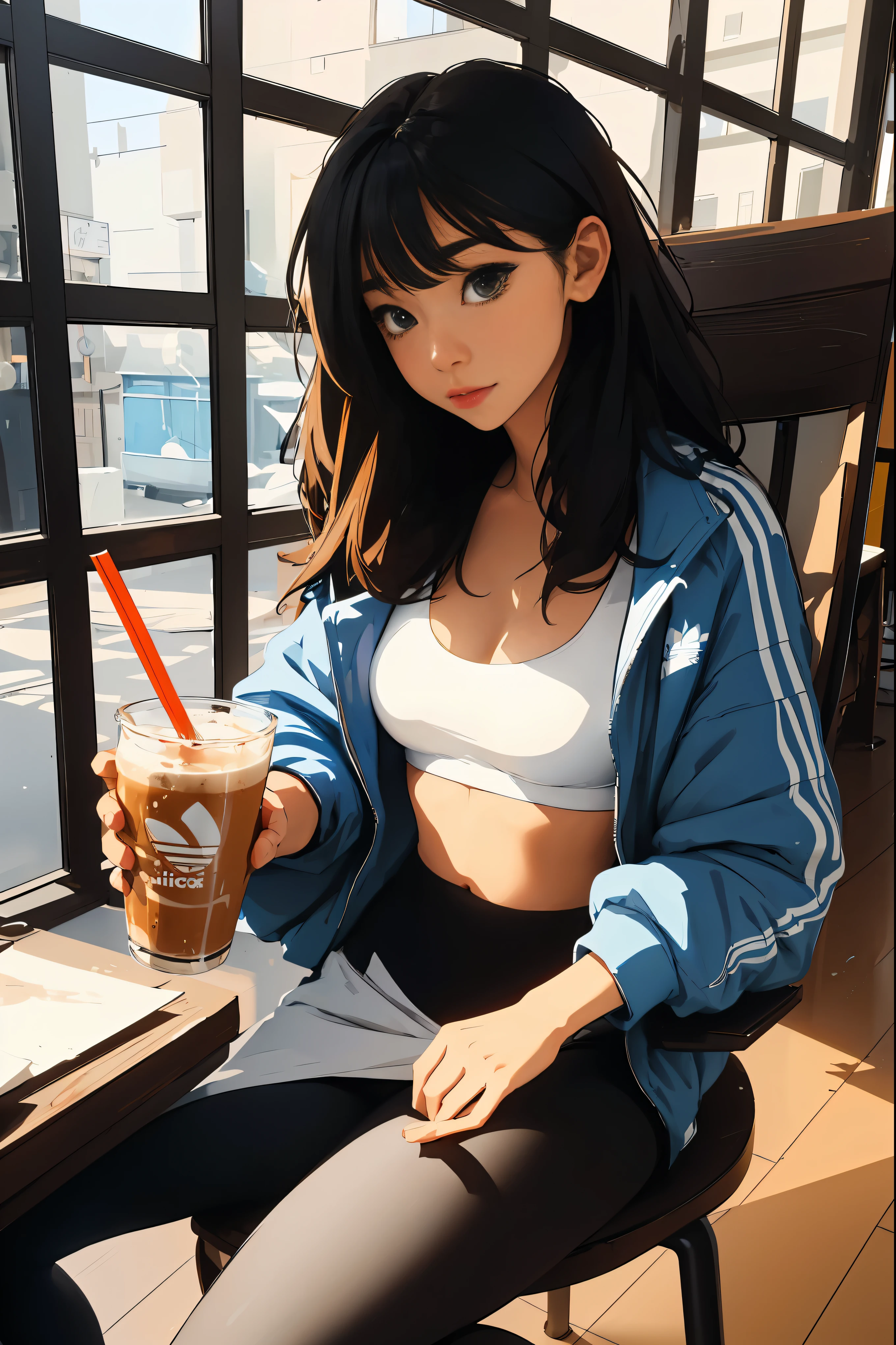 Anime girl sitting on a chair in a cafe and drinking a drink, Realistic Cute Girl Illustration, anime girl drinks energy drink, with a drink, Beautiful painting style, realistic art style, Realistic anime art style, holding a drink, Realistic anime art style, long 머리를 가진 일리아 쿠브시노프, in anime style, mysterious coffee shop girl(masterpiece:1.4), (best quality:1.4),front,Woman wearing tight black leggings and white bra top, Two-piece tracksuit, White sports bra ,On the right is the Adidas logo.,vivid colors, soft focus, Light leakage, dreamy atmosphere, experimental charm, Retro charm break color field painting, A variety of colors, abstract expressionism, bold hues, emotional impact, atmospheric depth, Minimalist approach BREAK, Beautiful woman, UHD (ultra detail) viewers who see it.., another, fancy, long, 갈색으로 염색한 머리를 뒤로 하나로 묶은 long 머리 🌈, leggings clothing, White stardust in dark areas, absurd, high resolution, very detailed, (1 woman : ), vivid colors, soft focus, Light leakage,
