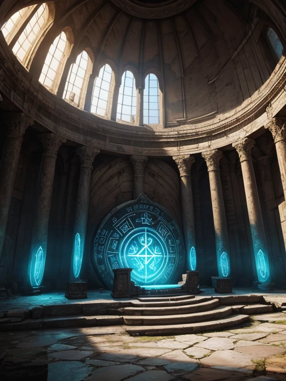 A door placed above the altar of a ruined ancient ruin., huge circular dome, The dome is decorated with runes, ((A translucent shining door at the very back)), ((A door with shining runes that brings together the technology of ancient civilizations.)), highly detailed digital art, Stunning artwork in 8k, 8K high definition concept art, fantasy art, (wide-angle shot), (highest quality), (masterpiece)), realistic, Fantastic, Mysterious