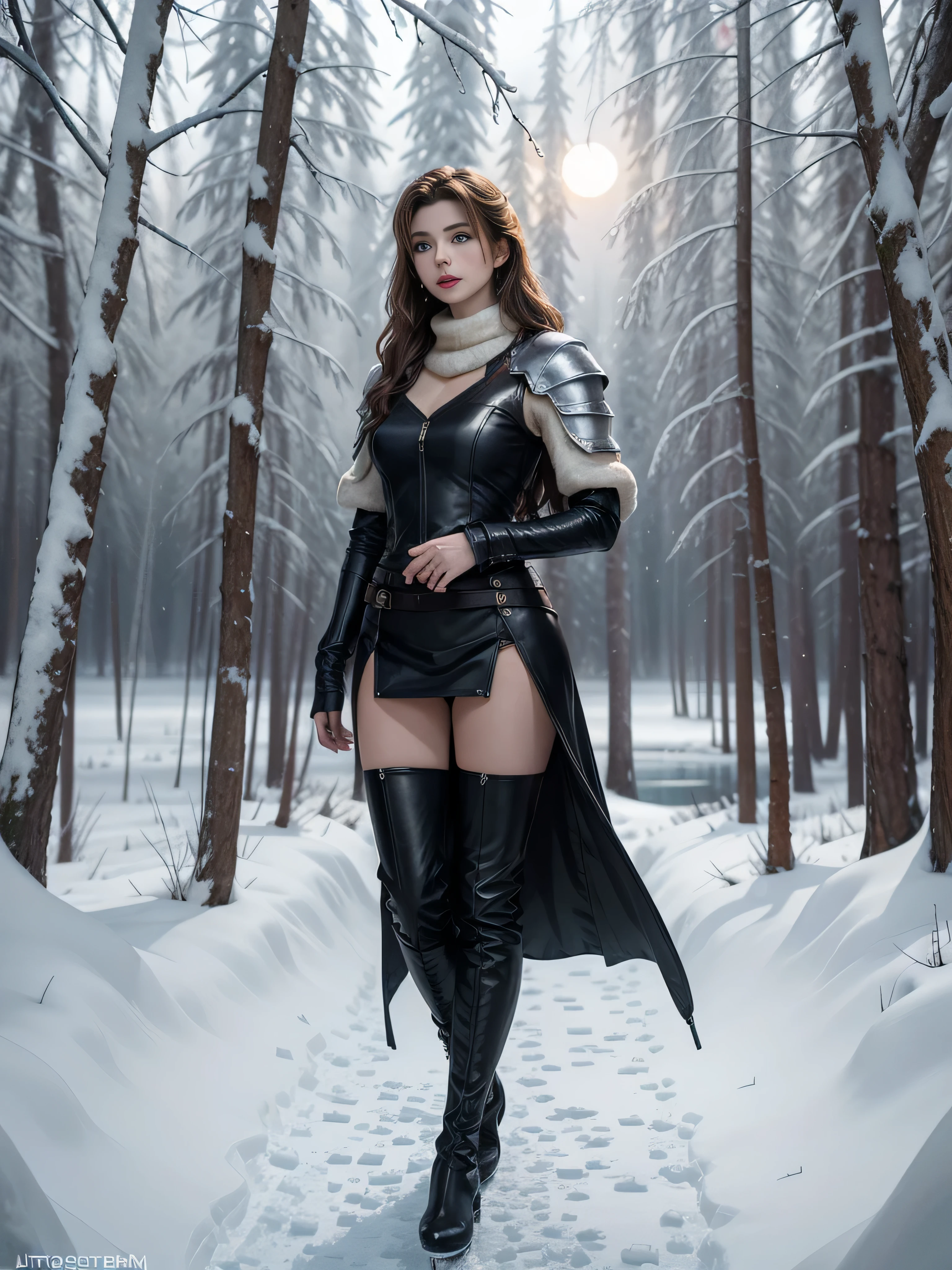 full body-shot wide-angle below-horizon camera position full body ((ultra-realistic image)) ((very beautiful 1.4)) aristocratic face with long grey wavy hair, princess princess girl, wonderful blue eyes, snow white skin, red lips, snow white leather in knight armor, snow white leather in thigh high boots, a frozen winter lake standing on ice, blurry winter harsh forest, night, moonlight, stars in the sky, epic atmosphere, photorealistic