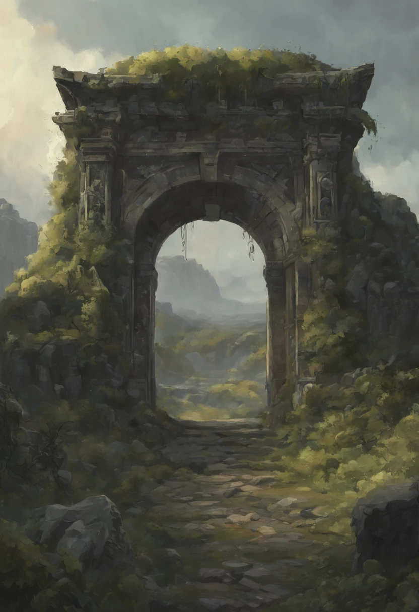 Ultra realistic painting of a forgotten gateway, mysterious ancient portal surrounded by vines and moss, crumbling stone archway with glyphs and runes, swirling nebula cosmos in the portal, stars and galaxies visible inside, leading to another time and dimension, digital art, trending on artstation, by Ashley Wood and Simon Stålenhag