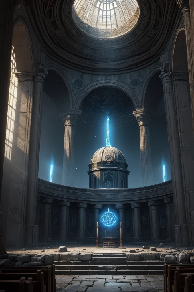 A door placed above the altar of a ruined ancient ruin., huge circular dome, The dome is decorated with runes, ((A translucent neon door at the very back)), ((A rainbow-colored door that brings together the technologies of ancient civilizations)), highly detailed digital art, Stunning artwork in 8k, 8K high definition concept art, fantasy art, (wide-angle shot), (highest quality), (masterpiece)), realistic, Fantastic, Mysterious