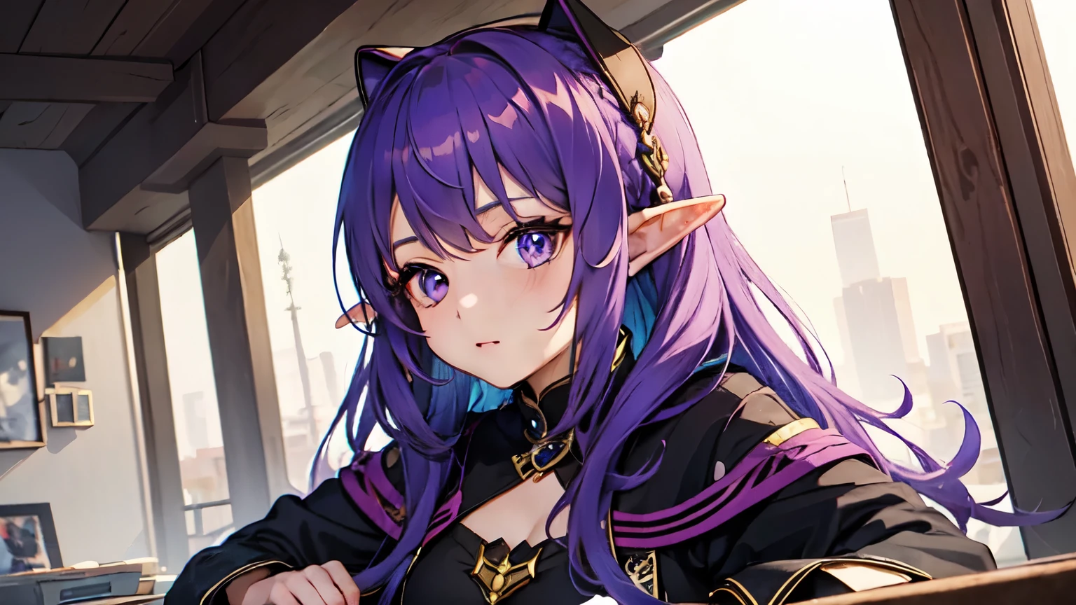 1 girl, streamer, elf, purple hair, content creator