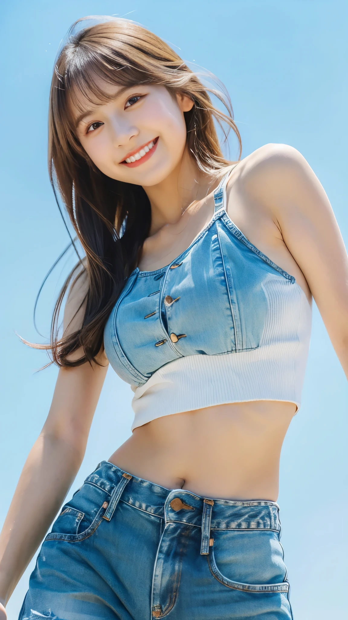best quality ,masterpiece,ultra high res, very beautiful, kawaii, (photo realistic:1.4), 1girl, Japanese, brown hair, Cinematic, 35mm lens, f/ 1. 8, accent lighting, 8k, denim shorts, white crop top, smile, upper body, from below, Tokyo, morning, blue sky