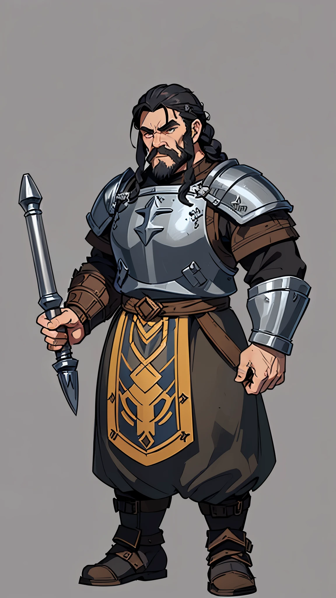 masterpiece, detailed, character, dungeons and dragons character, 1man, dwarf man, dwarf warrior, dwarf knight, (black hair) short hair, (one side tough hair braid), manly face, detailed face, detailed eyes, brown eyes, ((holding [war hammer|sledgehammer] in hands:1.1)), (wearing fantasy (warrior dwarf armor (dwarf celtic outfit))), ((simple background, grey color background))