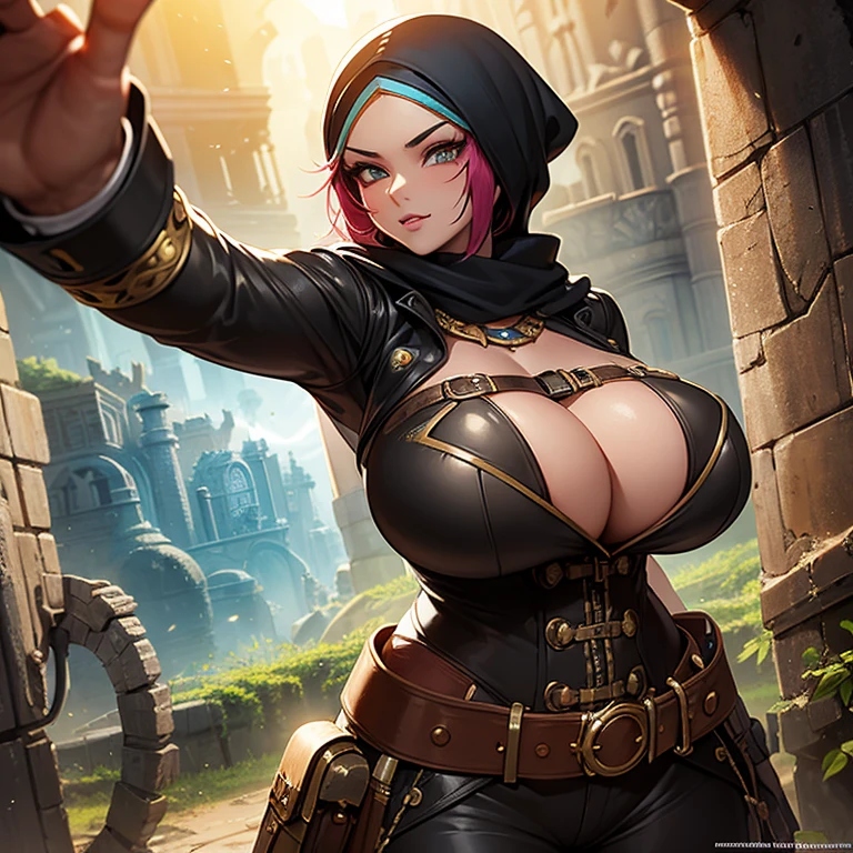 steampunk style, best quality,ultra-detailed,busty Malaysian woman:1.1,energetic,athletic,hijab,huge breasts,small field scientists outfit,investigates a forgotten gateway of time and space, ruins of Atlantis, adventur, danger, seduction, portrait,sharp focus,vivid colors,warm color tone,lens flare,studio lighting
