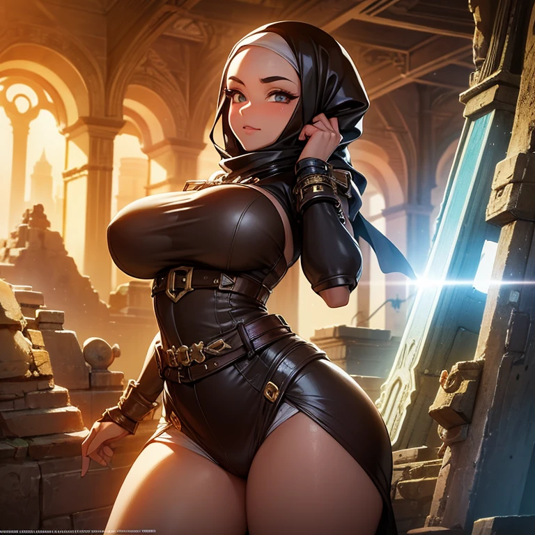 steampunk style, best quality,ultra-detailed,busty Malaysian woman:1.1,energetic,athletic,hijab,huge breasts,small field scientists outfit,investigates a forgotten gateway of time and space, ruins of Atlantis, adventur, danger, seduction, portrait,sharp focus,vivid colors,warm color tone,lens flare,studio lighting