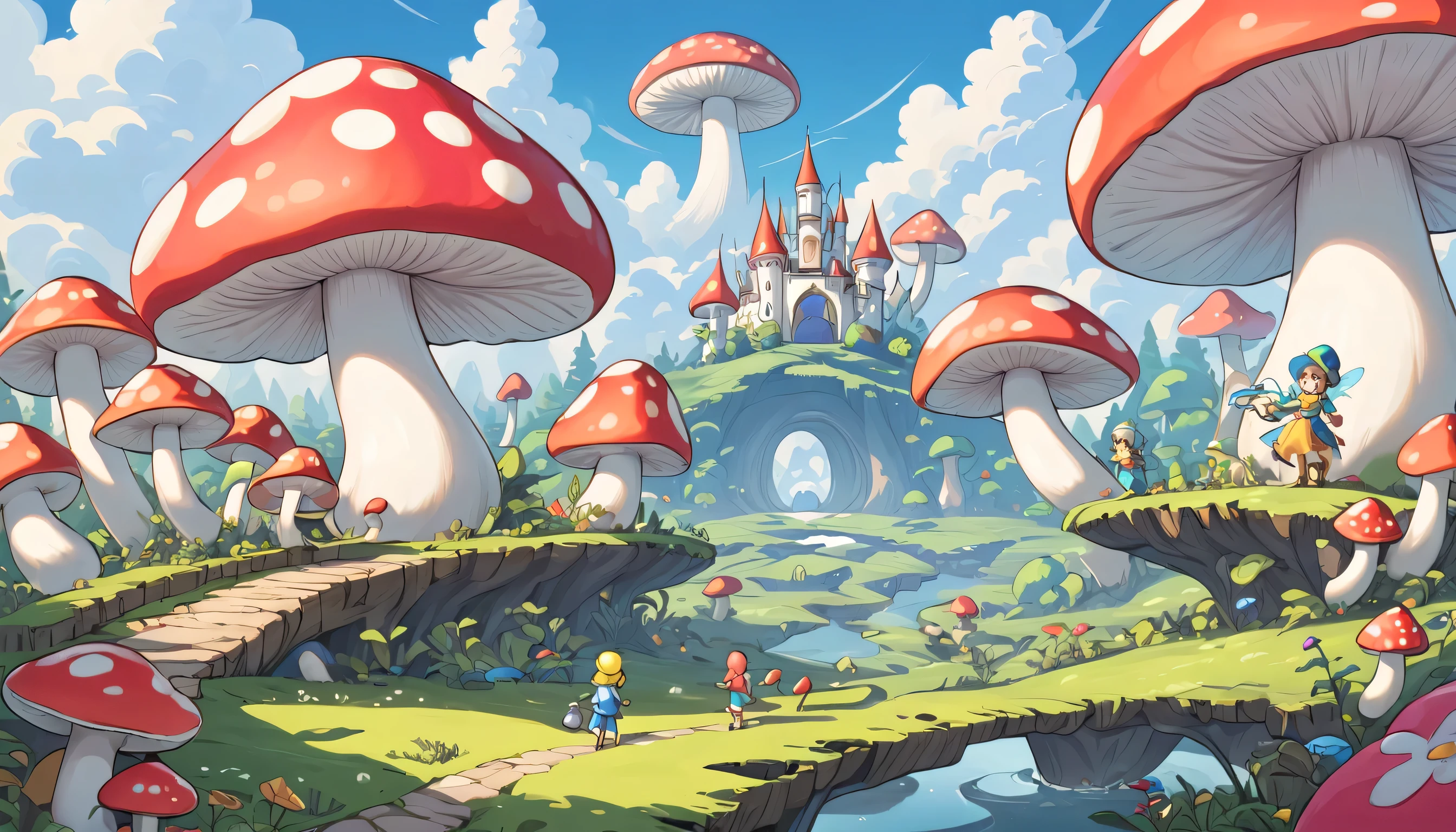 Colorful Giant Mushroom Kingdom，Full of fairy tale feeling，bright colors，Children playing happily on mushrooms