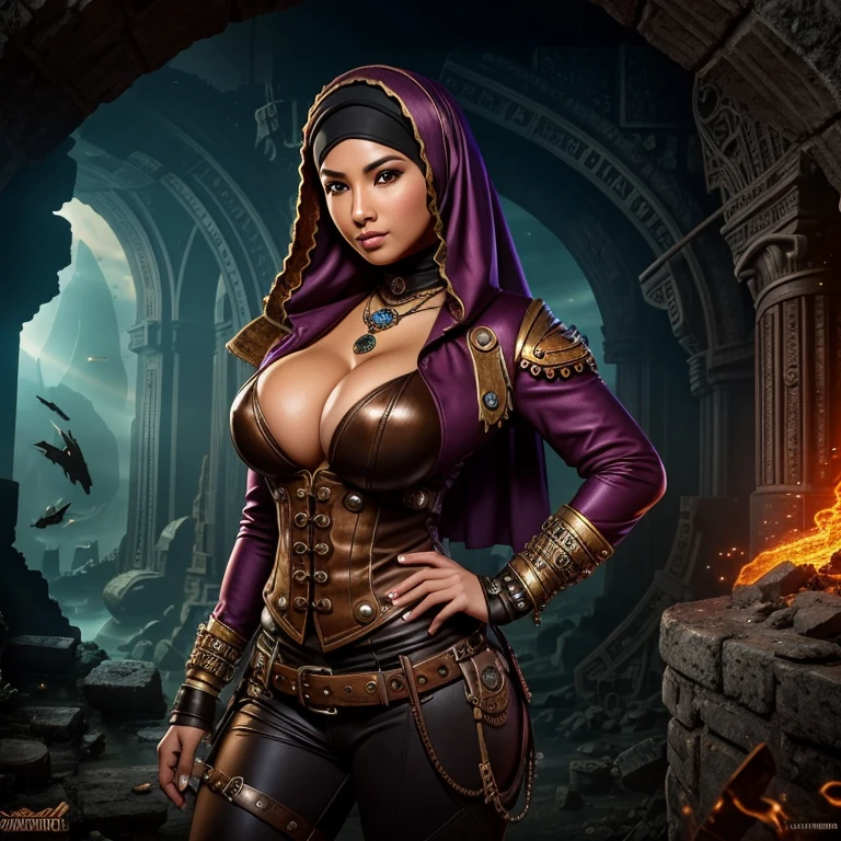 steampunk style, best quality,ultra-detailed,busty Malaysian woman:1.1,energetic,athletic,hijab,huge breasts,small field scientists outfit,investigates a forgotten gateway of time and space, ruins of Atlantis, adventur, danger, seductionportrait,sharp focus,vivid colors,warm color tone,lens flare,studio lighting