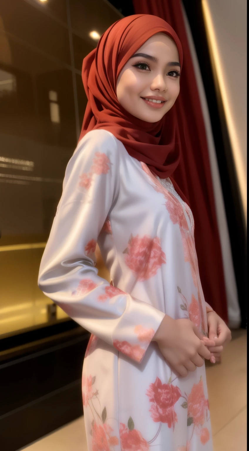 Malay girl in hijab wear small floral baju kurung malaysia in college, wear back pack, front view, detail skin, detail skin texture, mole below eyes, big breast, big hip, big waist, big thigh, slim abs, beautiful body, nighttime, laughing, happy, bright lighting, college pedestrian in background, crowded college, blur background, bokeh,
