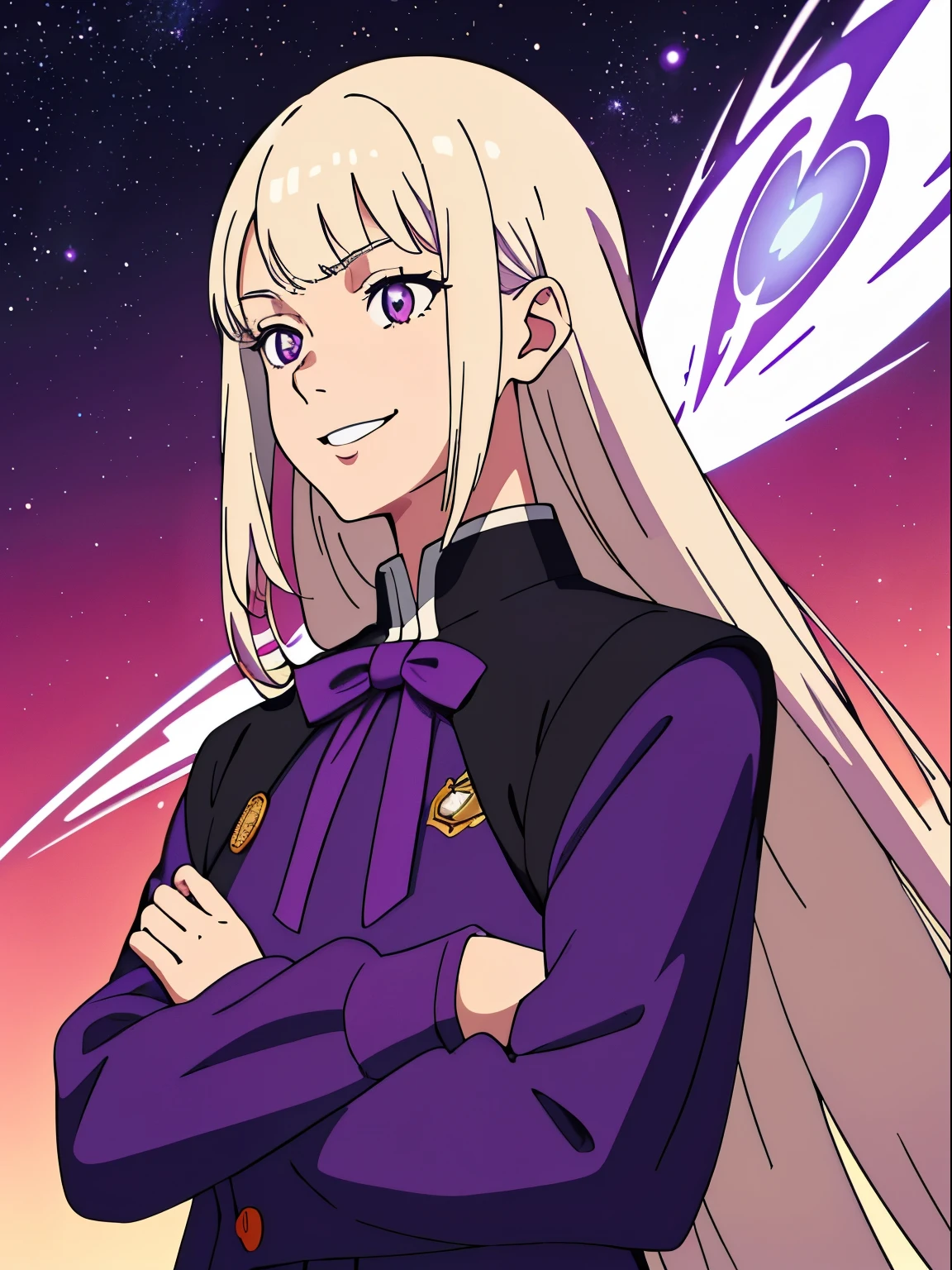 The aura emanates from the body、Have arms crossed、(masterpiece、top-quality:1.2)、((facing front:1.2))、Grinning face、With bangs、Young woman at 17 years old、((The upper part of the body:1.2))、Promotional Art、offcial art、Purple Uniform、long-sleeve、platinum-blonde、length hair、Purple Ribbon、Amber eyes