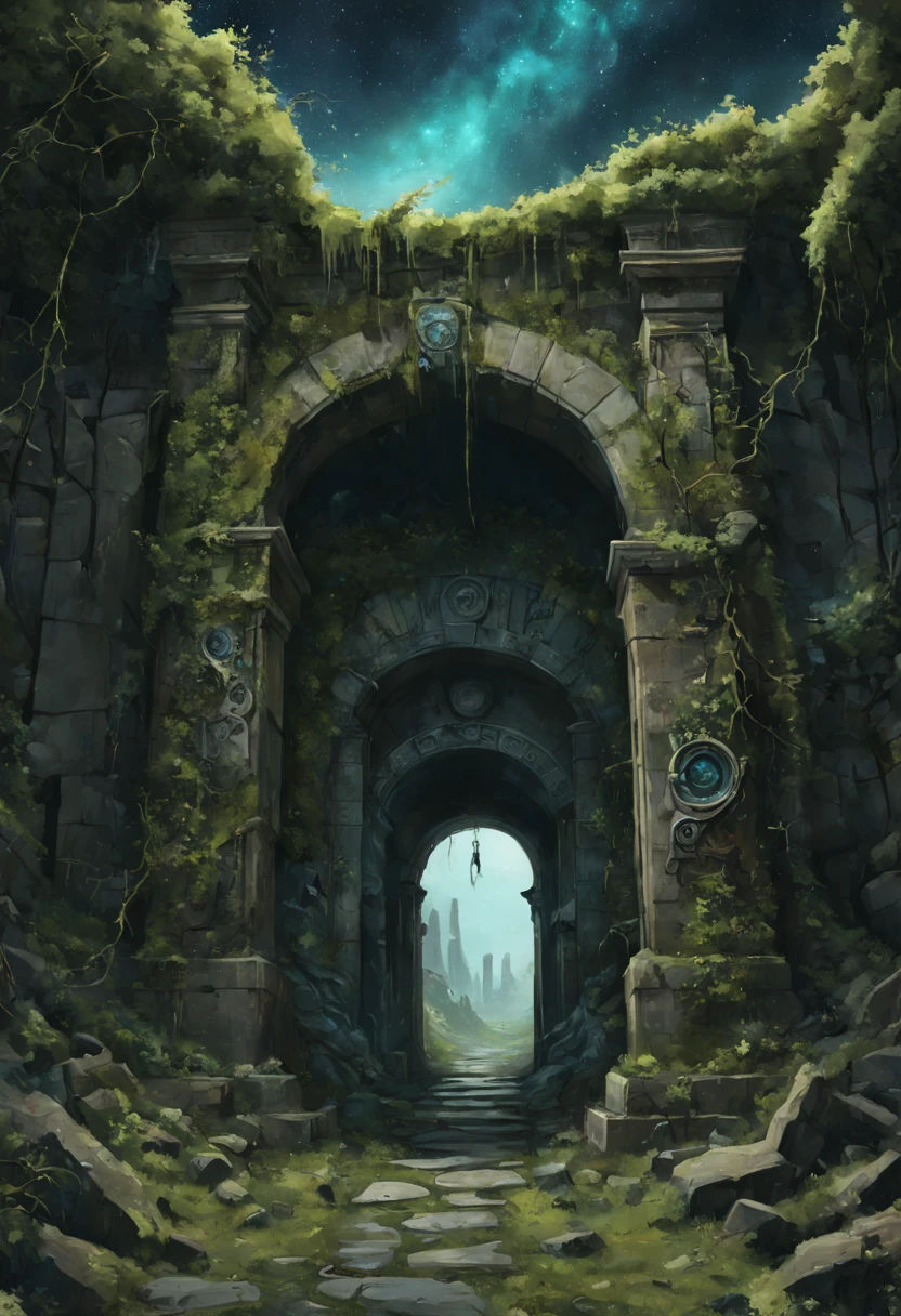 Ultra realistic painting of a forgotten gateway, mysterious ancient portal surrounded by vines and moss, crumbling stone archway with glyphs and runes, swirling nebula cosmos in the portal, stars and galaxies visible inside, leading to another time and dimension, digital art, trending on artstation, by Ashley Wood and Simon Stålenhag