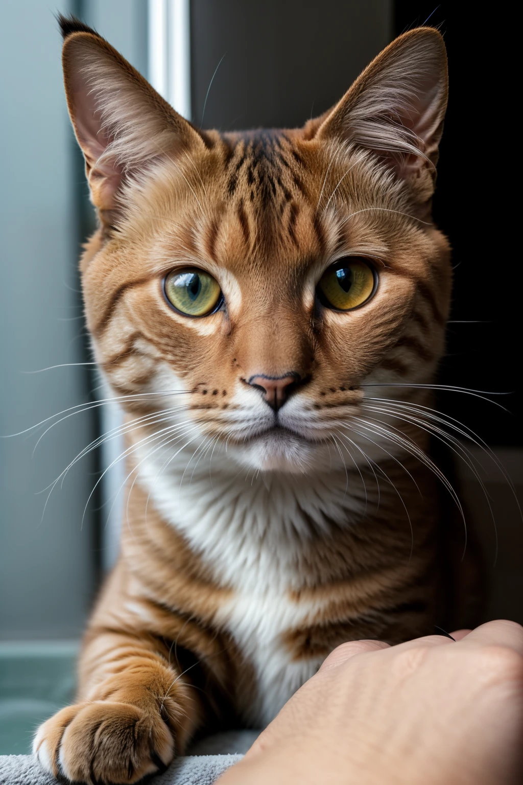 Foto RAW em sequencia, uma foto de um gato, ((close-up do rosto feliz e curioso)), determinado olhar, selfie, bath there, planos de fundo detalhados pouco desfocados, luzes naturais, HDR, foto realista, foto profissional, flerte com o espectador, visual engagante, fotorrealista, Linda, pelagem suave e macia, 4k UHD, alta qualidade, filmic grain, Fujifilm X100V.
A sequence of RAW photos, a picture of a cat, (