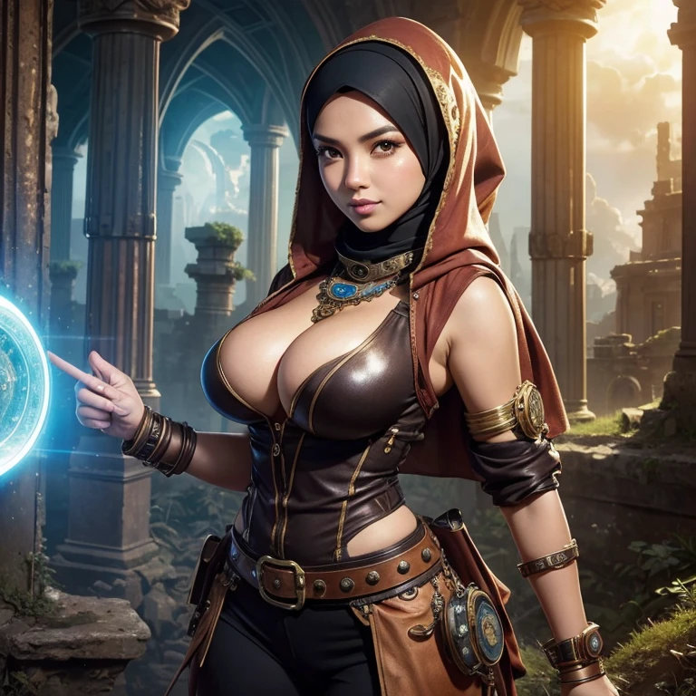 steampunk style, best quality,ultra-detailed,busty Malaysian woman:1.1,energetic,athletic,hijab,huge breasts,small field scientists outfit,investigates a forgotten gateway of time and space, ruins of Atlantis, adventur, danger, seductionportrait,sharp focus,vivid colors,warm color tone,lens flare,studio lighting