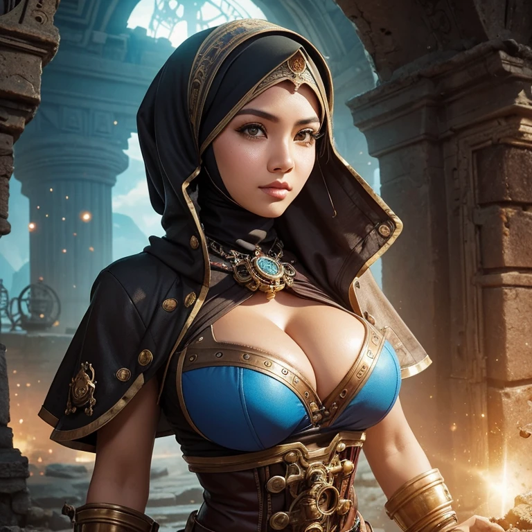 steampunk style, best quality,ultra-detailed,busty Malaysian woman:1.1,energetic,athletic,hijab,huge breasts,small field scientists outfit,investigates a forgotten gateway of time and space, ruins of Atlantis, adventur, danger, seductionportrait,sharp focus,vivid colors,warm color tone,lens flare,studio lighting