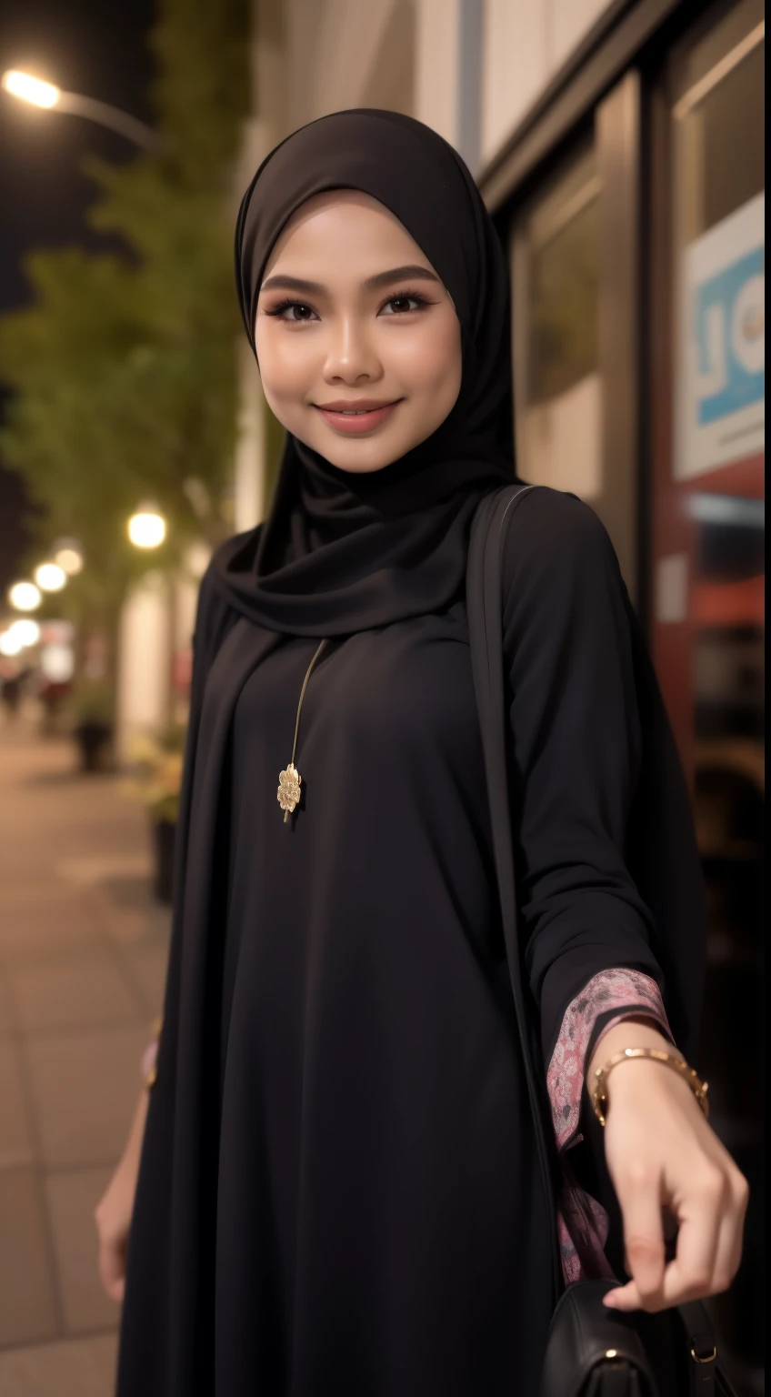 Malay girl in hijab wear small floral baju kurung malaysia in college, wear student back pack, front view, detail skin, detail skin texture, mole below eyes, big breast, big hip, big waist, big thigh, slim abs, beautiful body, nighttime, laughing, happy, bright lighting, college pedestrian in background, crowded college, blur background, bokeh,