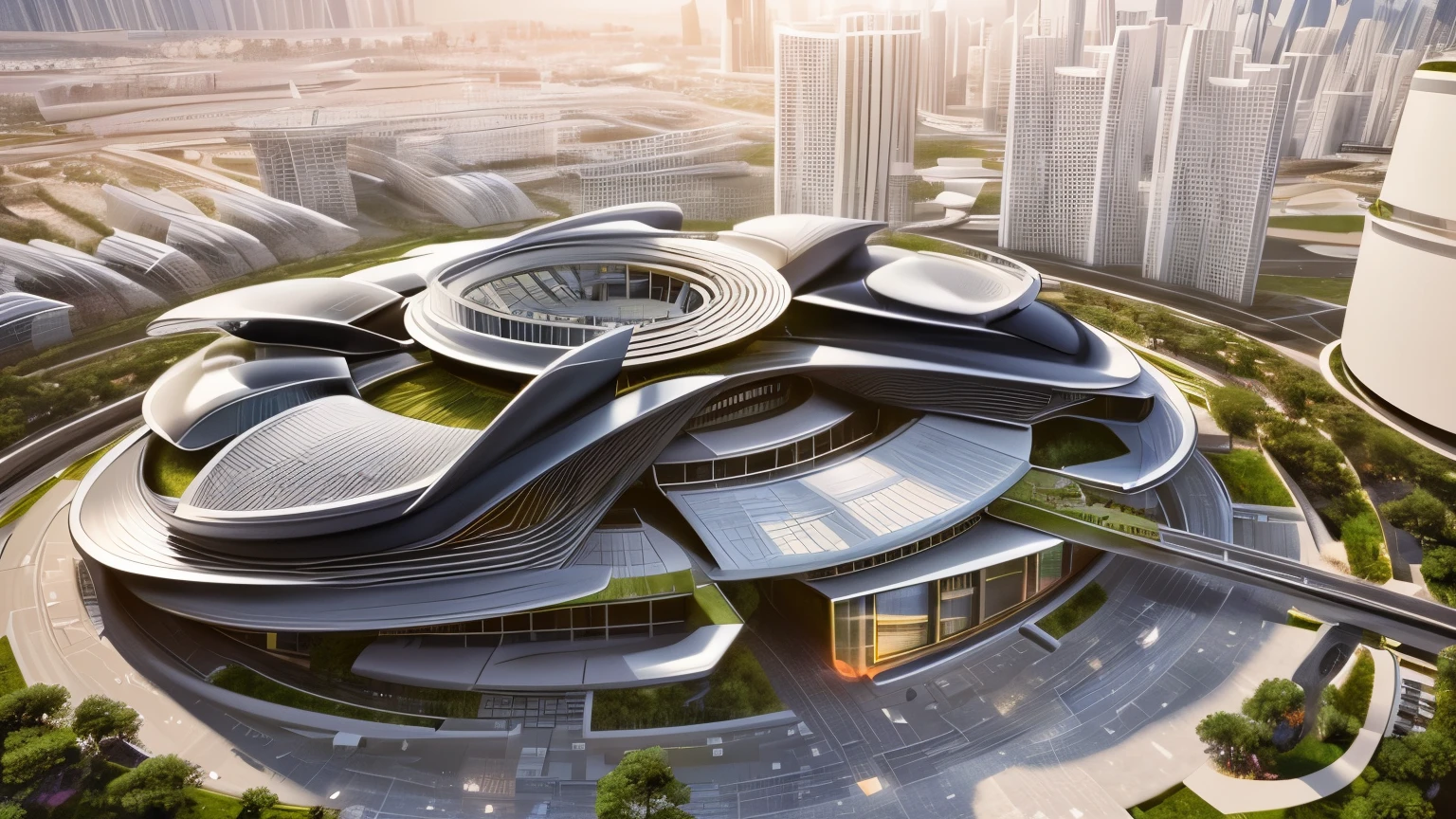 a rendering of a futuristic building with a circular roof, by Zha Shibiao, inspired by Zha Shibiao, beautiful render of tang dynasty, architectural render, futuristic government chambers, futuristic palace, wide angle exterior 2022, architectural rendering, architectural 3 d render, zaha hadid octane highly render, architectural visualization