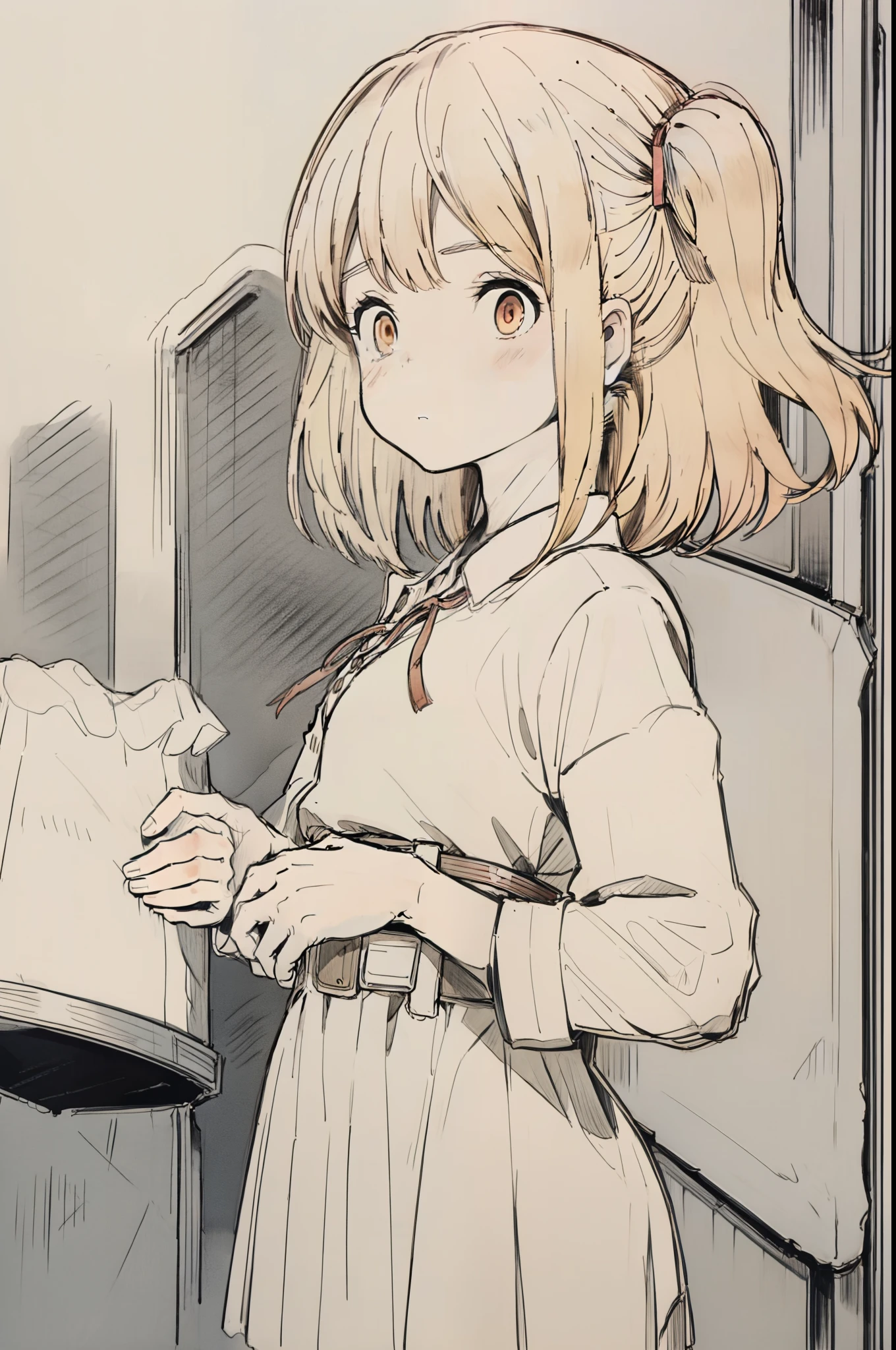 chisatonishikigi, nishikigi chisato, short hair, bangs, blonde hair, (red eyes:1.5), hair ribbon, one side up, bob cut,
BREAK shirt, long sleeves, dress, ribbon, white shirt, collared shirt, belt, neck ribbon, red dress, blue ribbon, pleated dress, grey dress, two-tone dress, red belt, lycoris uniform,,
BREAK outdoors, city,
BREAK looking at viewer, BREAK (masterpiece:1.2), best quality, high resolution, unity 8k wallpaper, (illustration:0.8), (beautiful detailed eyes:1.6), extremely detailed face, perfect lighting, extremely detailed CG, (perfect hands, perfect anatomy),
