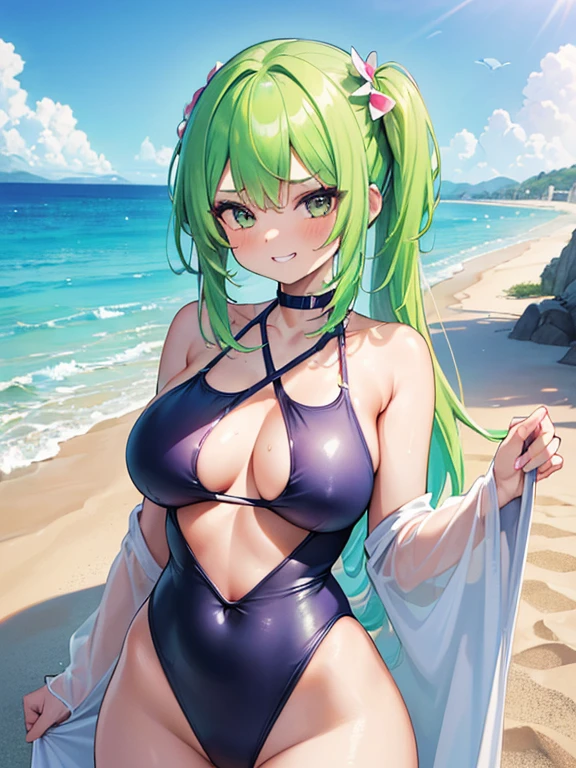 ((masterpiece, high quality, high resolution, absurd, super detailed, High saturation、8k)),real,upper body:1.5,(sexy swimsuit:1.5),(fluorescent hair:1.5),(1girl),(stand:1.5),large breasts:1.5,forehead:1.5,grin,cute face、beautiful eyes、fluorescent hair, (on the beach)、