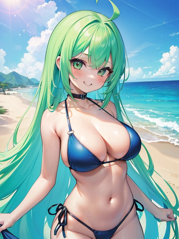 ((masterpiece, high quality, high resolution, absurd, super detailed, High saturation、8k)),real,upper body:1.5,(sexy swimsuit:1.5),(fluorescent hair:1.5),(1girl),(stand:1.5),large breasts:1.5,forehead:1.5,grin,cute face、beautiful eyes、fluorescent hair, (on the beach)、