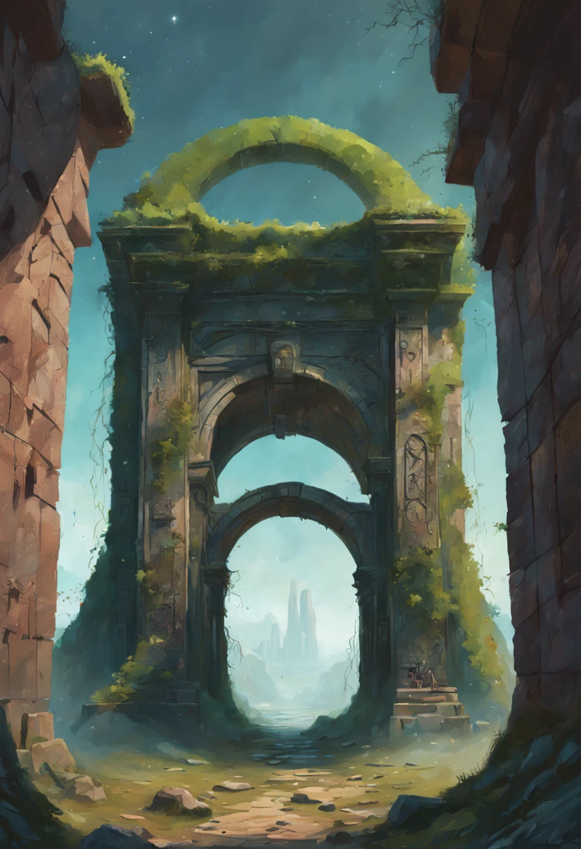 Ultra realistic painting of a forgotten gateway, mysterious ancient portal surrounded by vines and moss, crumbling stone archway with glyphs and runes, swirling nebula cosmos in the portal, stars and galaxies visible inside, leading to another time and dimension, digital art, trending on artstation, by Ashley Wood and Simon Stålenhag