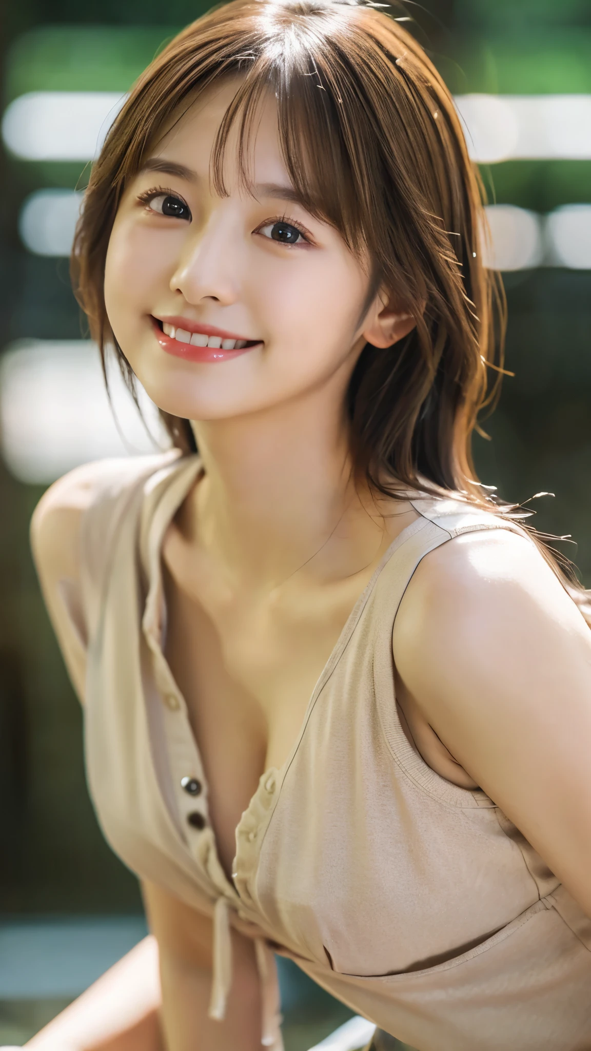 best quality ,masterpiece,ultra high res, very beautiful, kawaii, (photo realistic:1.4), 1girl, Japanese, brown hair, Cinematic, 35mm lens, f/ 1. 8, accent lighting, 8k, medium breasts, cleavage, navel open, V-Neck, white shirt, short sleeves,smile close-up, park, frome above