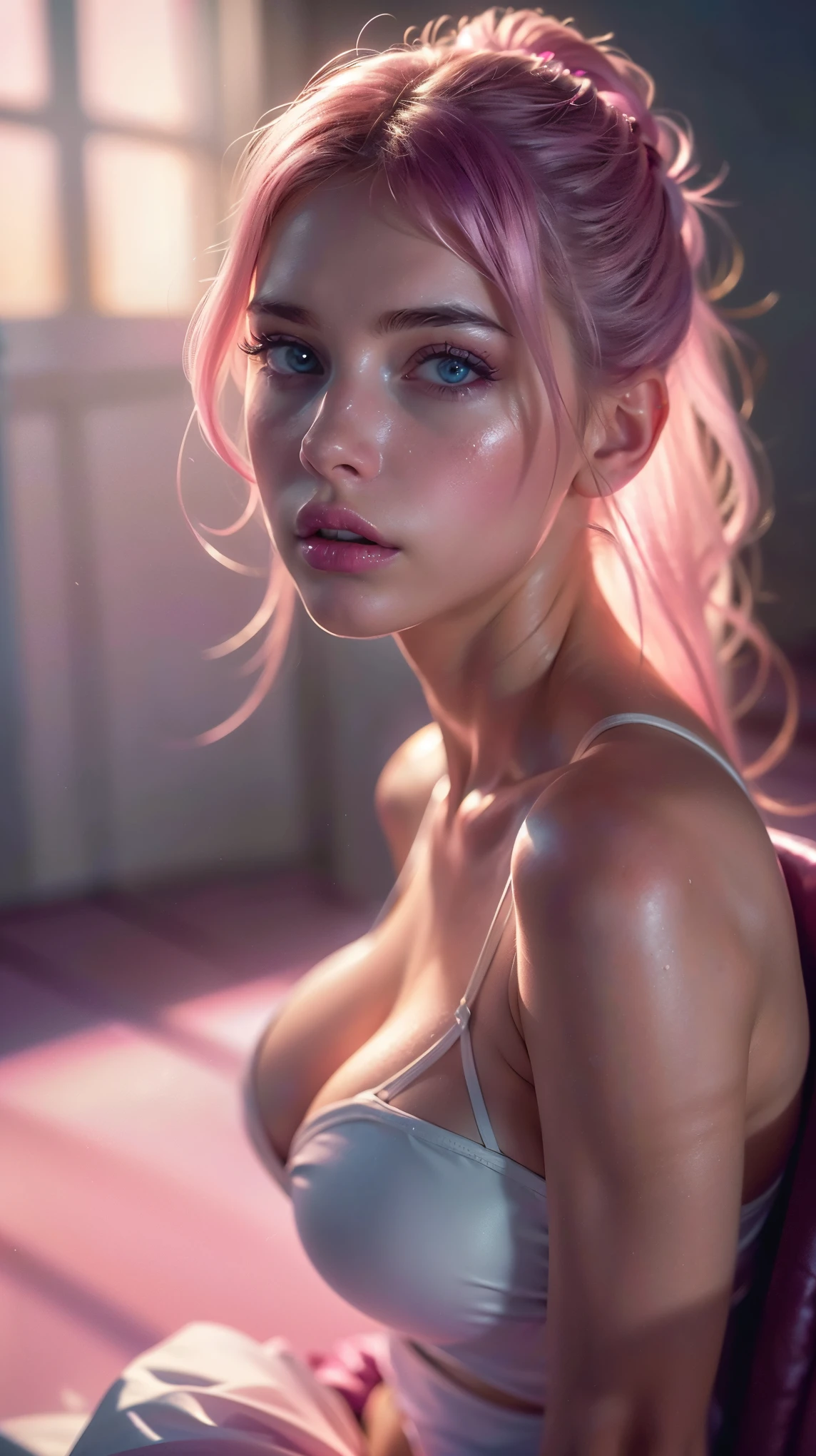 (((ultra realistic))) Photo, masterpiece, top quality, (pale skin), (Ultra detailed face and eyes:1.3), 1 girl, Adult, in a dress, ((Eye makeup, pink mascara)), ((large detailed lips)), ((Pink волнистые волосы)), ((Stylish hairstyle)) , (Natural breasts), (Slim waist). ((Posing)), photoshoot, (Soft) Lighting, (The play of light and shadows), depth of field, bokeh, (special attention to skin detail: 1.2), Detailed leather texture, skin pores. (Erotic atmosphere of the frame. Color range - purple, Pink, White tones), UDR, ((Film grain)), ((rays)), (Glare), ((waist up portrait)) , ultra detialed,