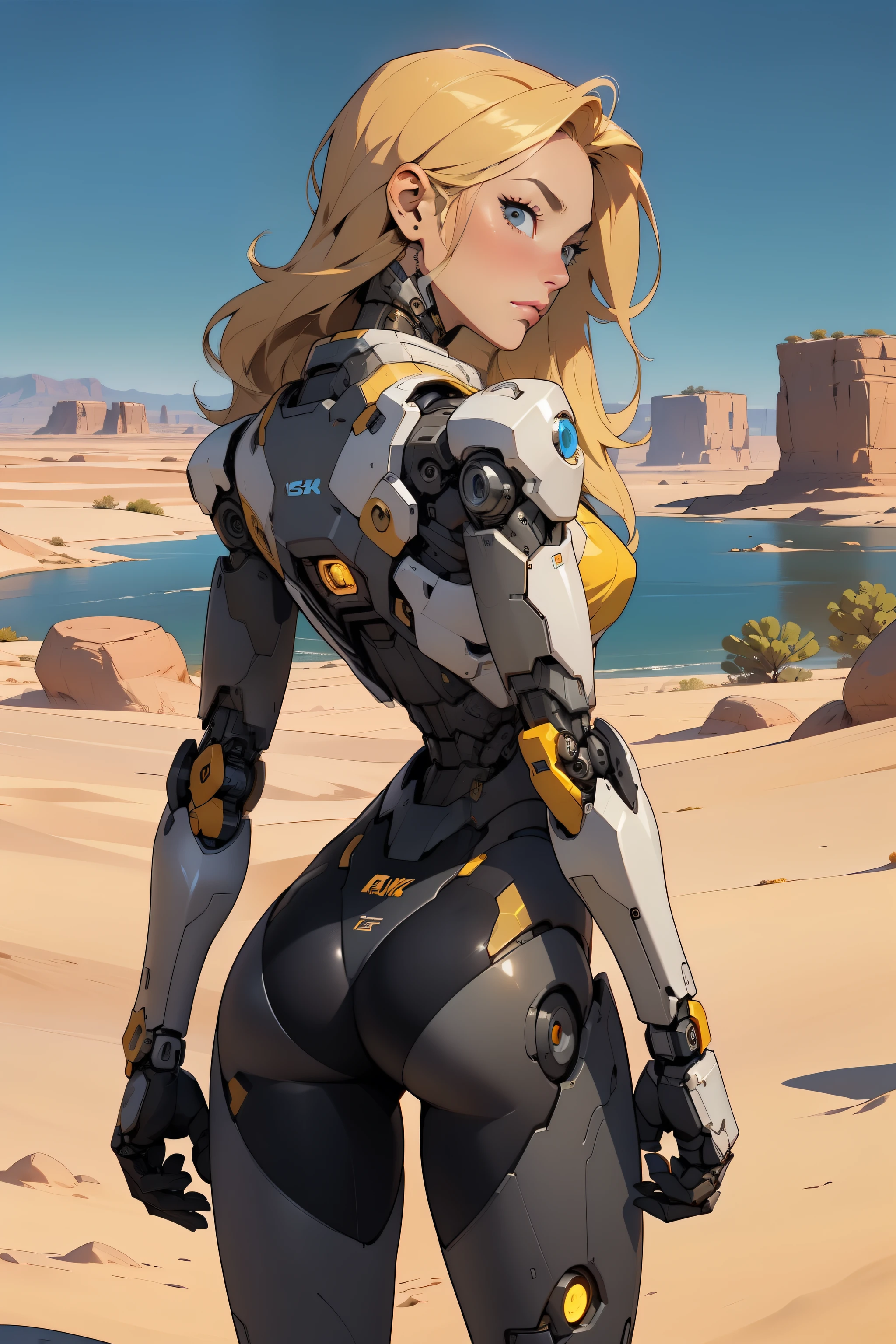 high quality, 4k, masterpiece, beautiful, cyborg girl, cowboy shot, dull eyes, back side, turning around to look at viewer, long blonde hair, girl, small breasts, fit thigh, robotic arms, robotic body, cyborg body, yellow accent, redaccent, intricate detail, joint, detailed lines, robotic detail, holding fist up, holding hand up as fist, color robotic parts, robotic parts with color, perfect fingers, on a desert planet, sunny background, colorful desert, a river in the background