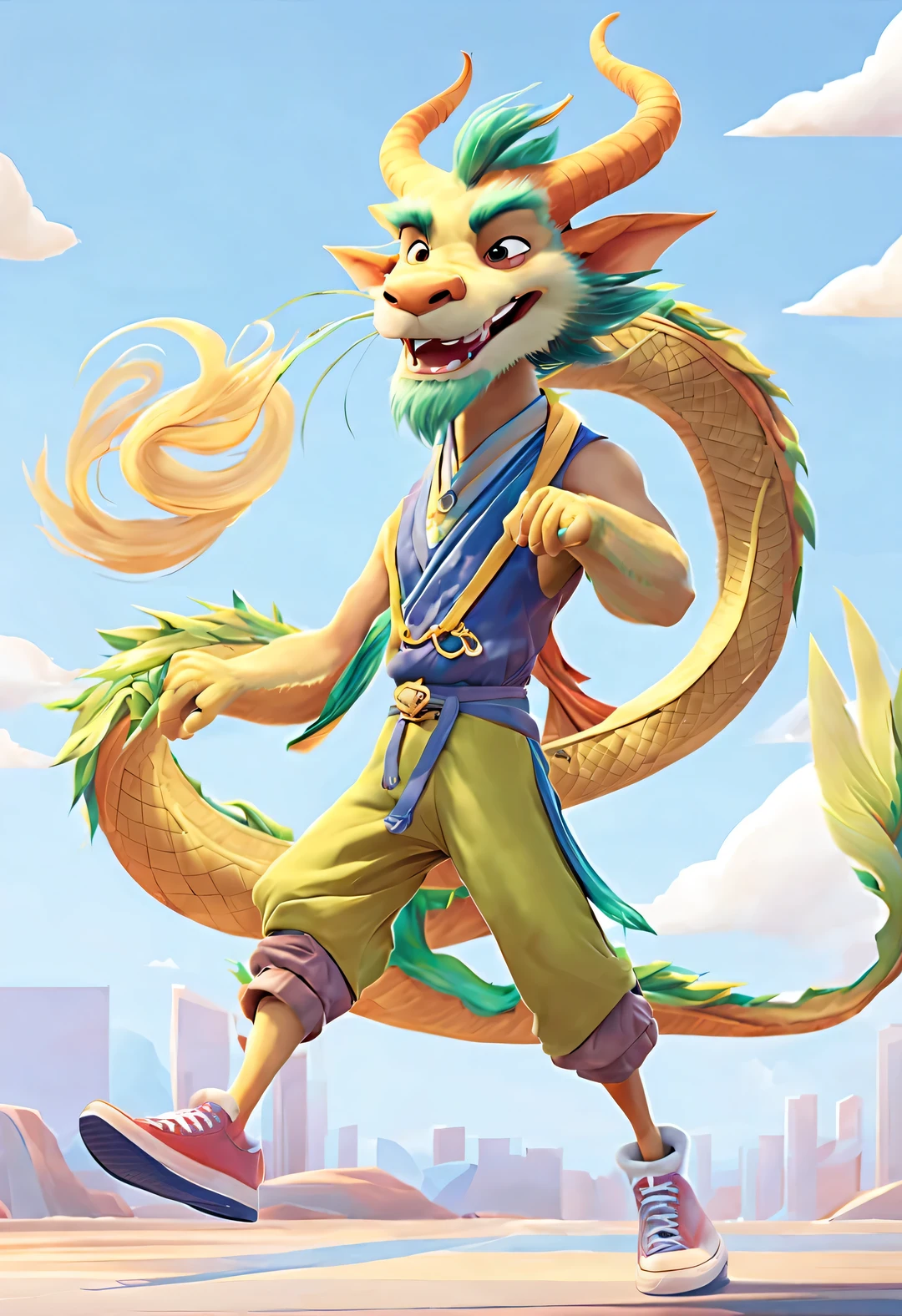 role conception, Pixar style, illustration, hairy, (A humanized Chinese dragon walking happily in fashionable clothing, Pants, and shoes), dynamic action, hip hop style, colorful, masterpiece, Ultra high detail, Overclocked rendering, 8k, Super fun, interesting,