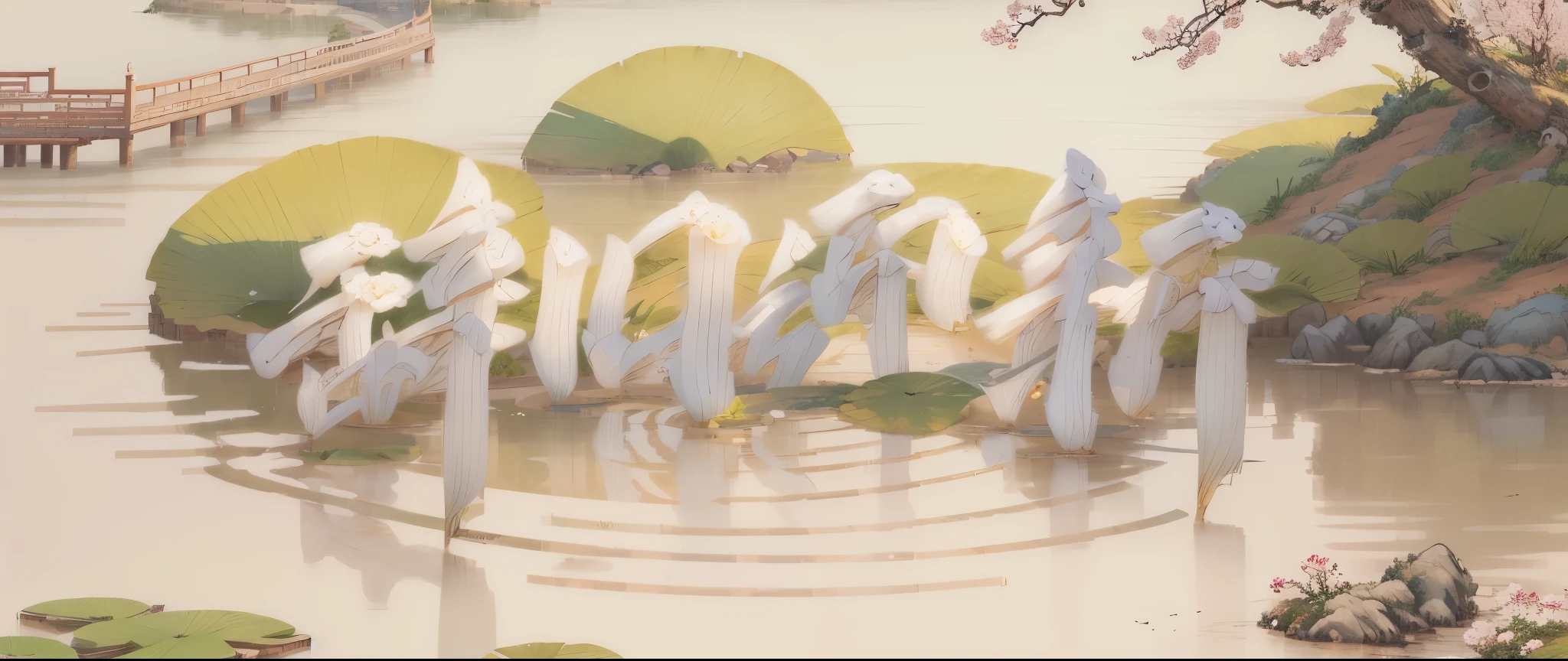 ((best quality, masterpiece: 1.2)), CG, 8k, intricate details, cinematic perspective, (No people around), (Ancient Chinese garden), pond filled with lotus flowers, rock, flowers, bamboo forest, Fall, Areas with lush flowers and grass, detailed foliage and flowers, (The sun shines, Sparkling waves), Peaceful and tranquil atmosphere, ((Soft and elegant colors)), ((Finely crafted compositions))，Xiangyun，非常多flowers