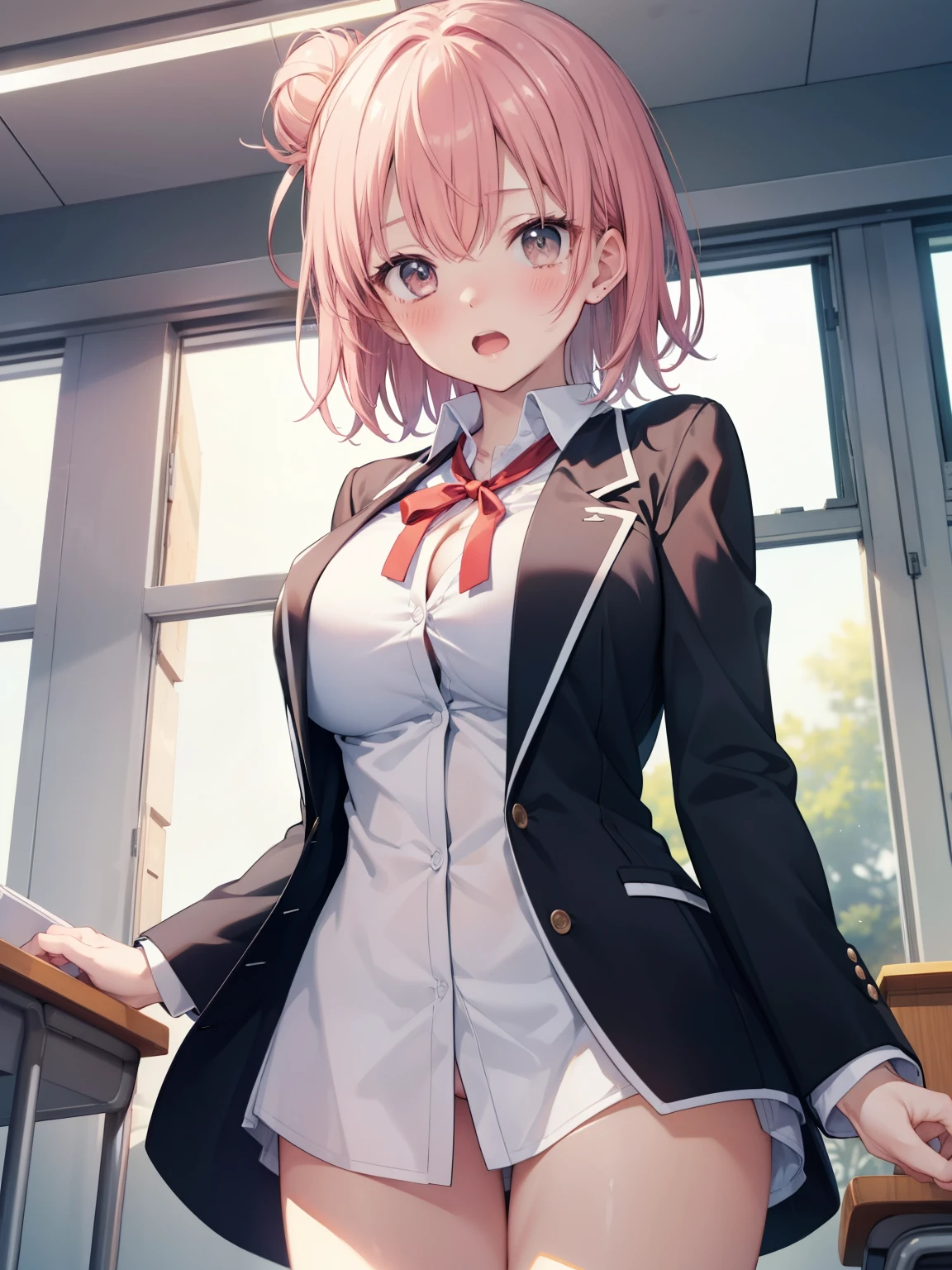 Yuigahama Yui, short hair, brown eyes, Pink hair,  single bun hair, 
1girl,  shirt, ribbon, Jacket, white shirt, black Jacket, blazer, sobu high school uniform, 

looking at viewer, 
(masterpiece:1.2), highest quality, High resolution, unity 8k wallpaper,  (beautiful and fine eyes), highly detailed face, perfect lighting, Very detailed CG, (perfect hands, perfect anatomy),

(blush), embarrassed, open mouth, 
huge breasts, 
classroom, 
open shirt, 
(bottomless), cowboy shot, 
from below, 