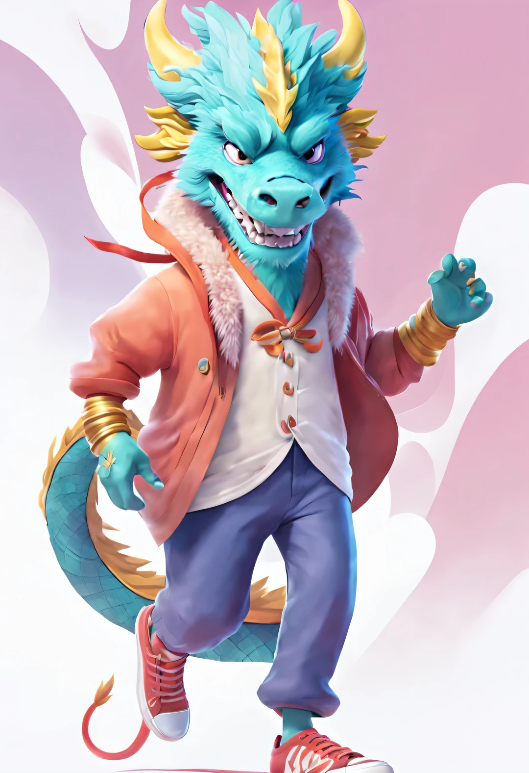 ESTILO RETROFUTURISMO, role conception, Pixar style, illustration, hairy, (A humanized Chinese dragon walking happily in fashionable clothing, Pants, and shoes), dynamic action, hip hop style, colorful, masterpiece, Ultra high detail, Overclocked rendering, 8k, Super fun, interesting,