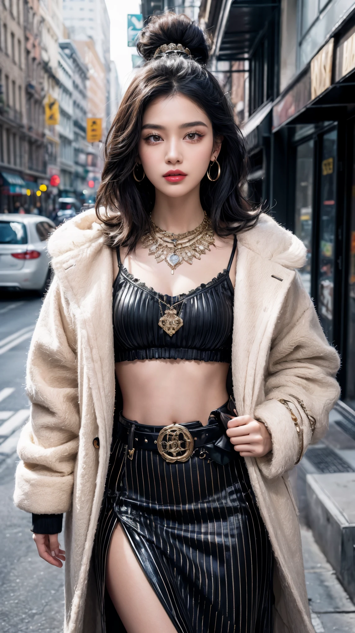 1GIRL, beautiful girl, beautiful face, sassy theme style, bold, fine details, (best quality), (intricate details), bold style, chic style, shiny, dressing room background full of shiny and luxurious women's items, put it in the jewelry room, ((healthy fluffy black hair)), best quality, ((bold costume, bold fashion statement in pinstripe crop top and belted skirt, combined with a fur-lined cropped jacket, independent woman)), (beautiful style)), beautiful face, sassy, crazy face, pinup, perfect face, portrait background lots of jewelry and luxury women's accessories(masterpiece : 1.2 , top quality), (original image, intricate details), (1 woman, solo, upper body, chest) Clothing: sharp, stylish, cool, fashionable, non-standard, avant- garde, experimental Appearance: popular female hair or black and white, natural makeup, unusual fashion choices, idol stars Behavior: cool, non-conformist, stylish Place: city full of sweets, Underground Music World Hobbies: wants to destroy anything that gets in her way , creating works of art in mixed media, experimenting with subcultures Different values: individuality, authenticity, creative expression Sources of inspiration: beautiful and cute, counterculture icons, avant-garde art movements Character traits: brave, online, non-standard . Top image, middle image, front view