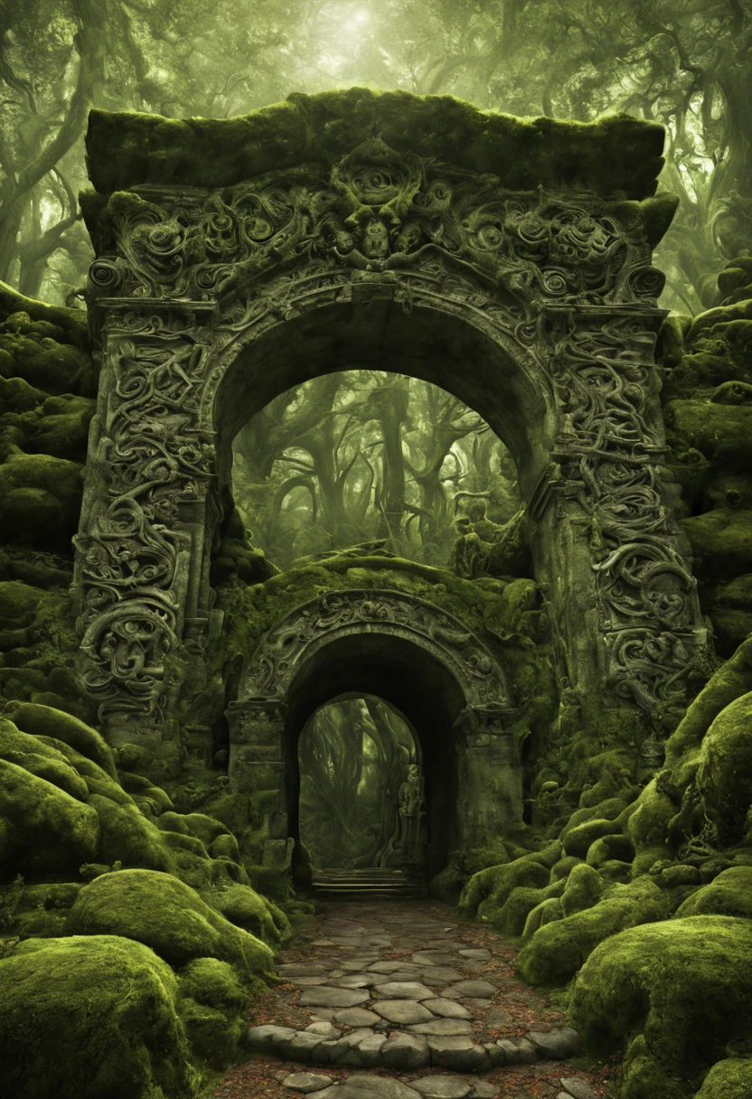"Ancient stone gateway covered in intricate carvings and moss, leading to a swirling vortex of time and space, Digital Illustration, Art Styles {fantasy, mystical}, Art Inspirations {H.R. Giger, Roger Dean}, Camera {wide angle lens}, Shot {low angle}, Render Related Information {HDR, high resolution}"
